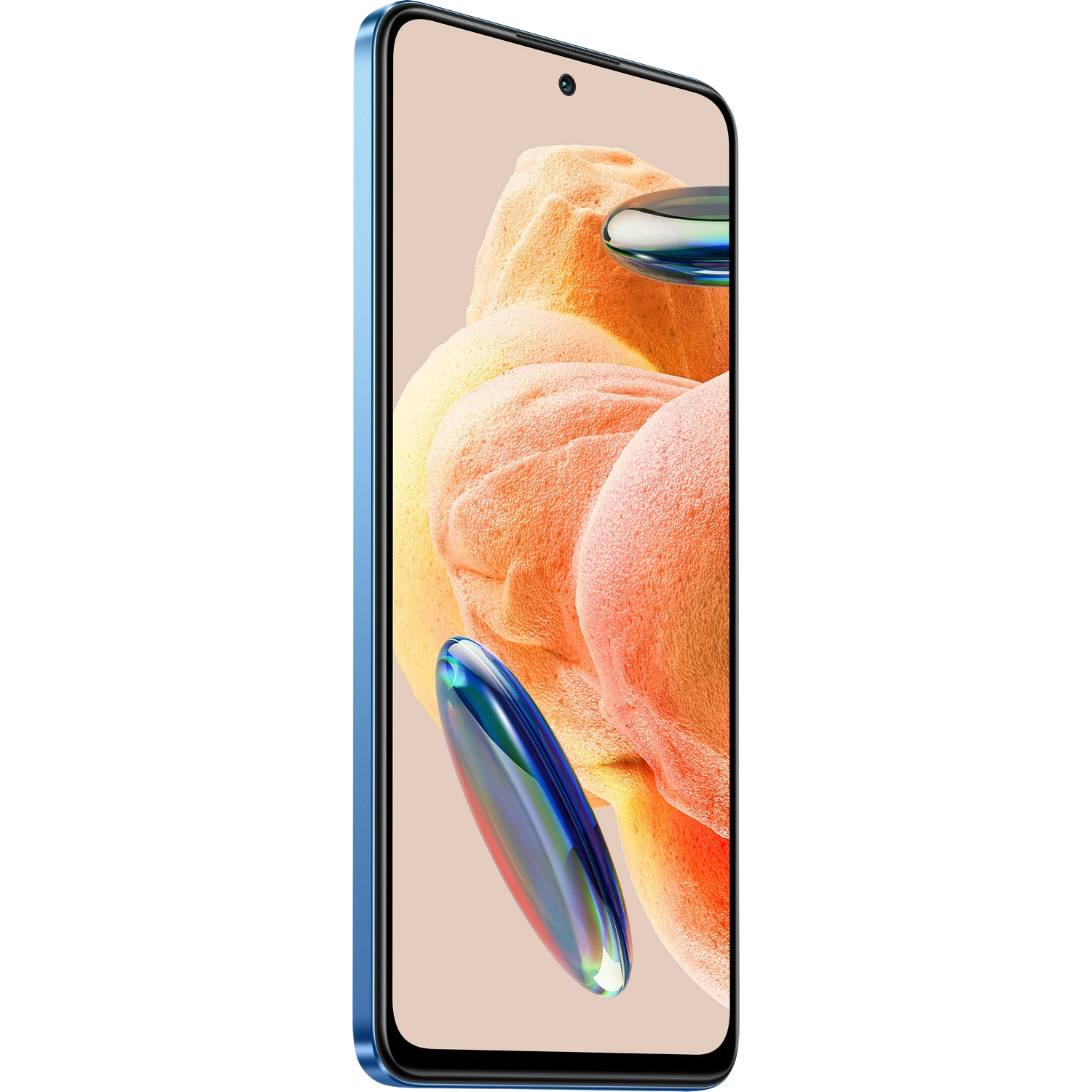 Niebieski smartfon z ekranem wyświetlającym rozmyte, kolorowe tło. Telefon jest pod kątem.