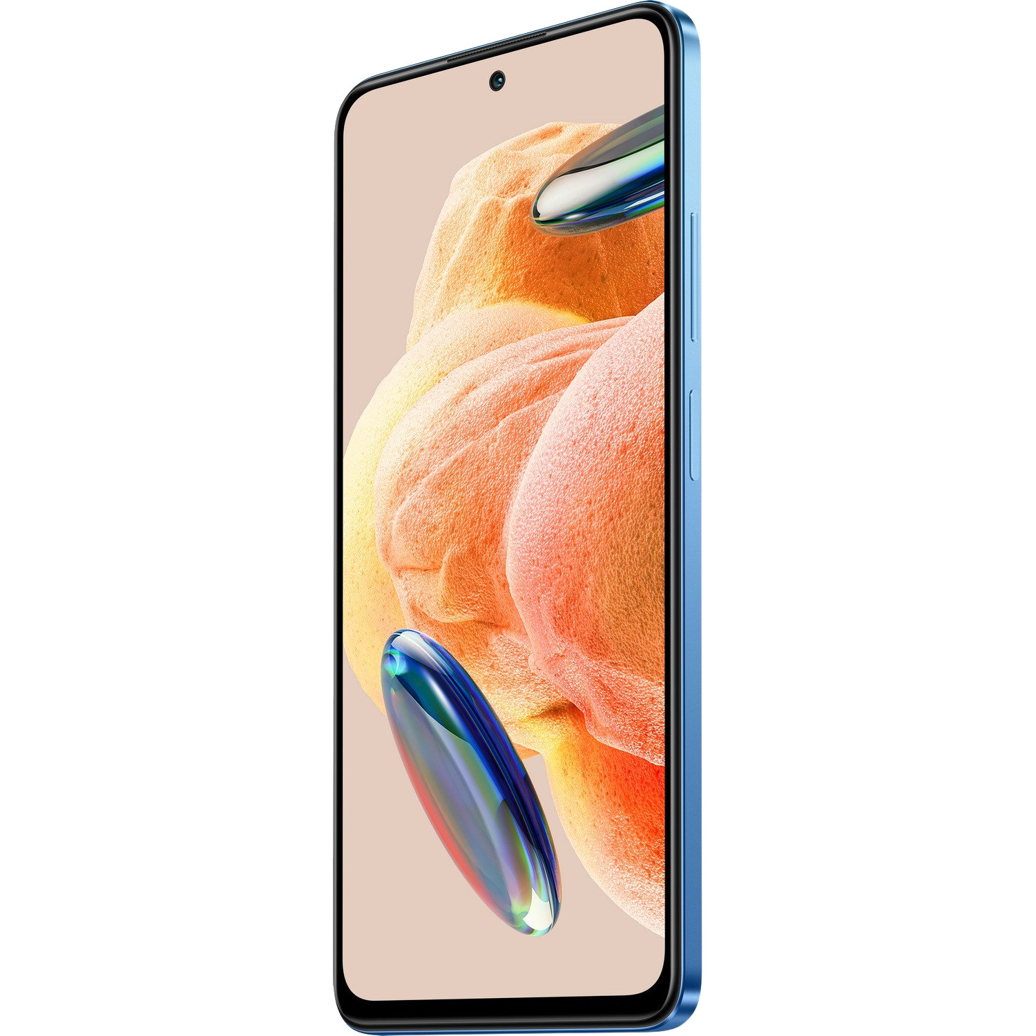 Niebieski smartfon pod kątem, z abstrakcyjnym pomarańczowym i niebieskim tłem.