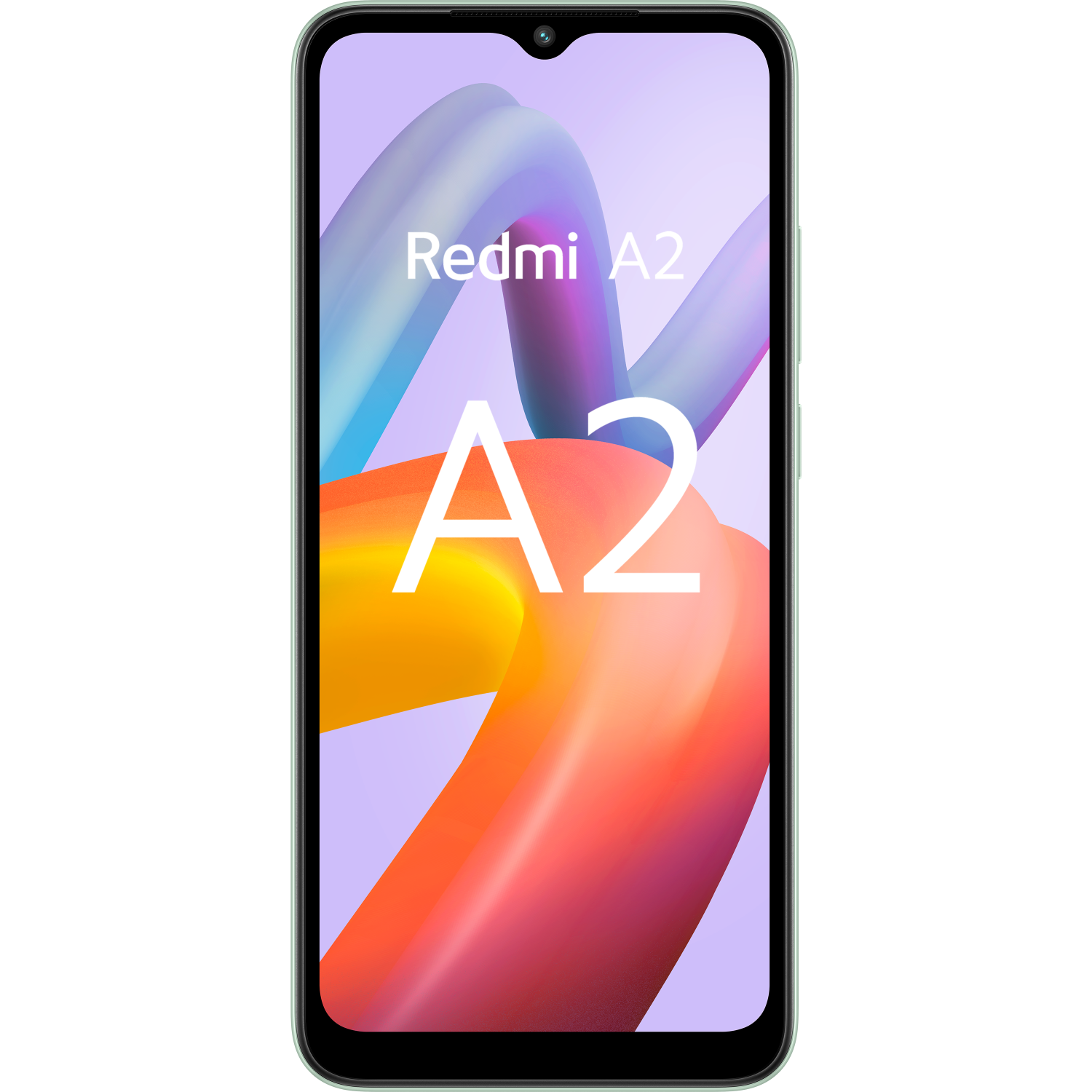 Telefon Redmi A2 na czarnym tle, z kolorowym designem.