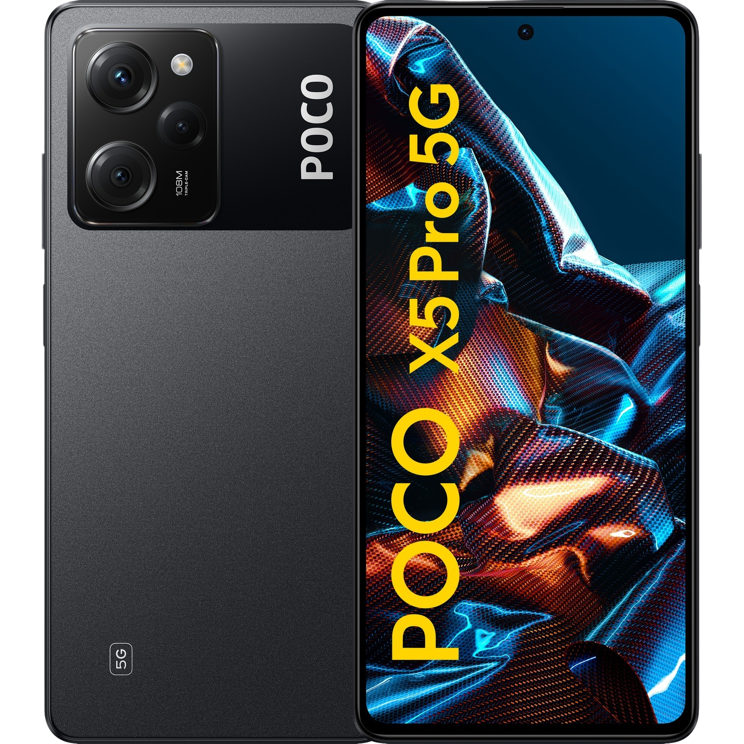POCO X5 Pro 5G Telefon, Rück- und Vorderansicht. Das Telefon ist schwarz und hat ein großes Kameramodul.