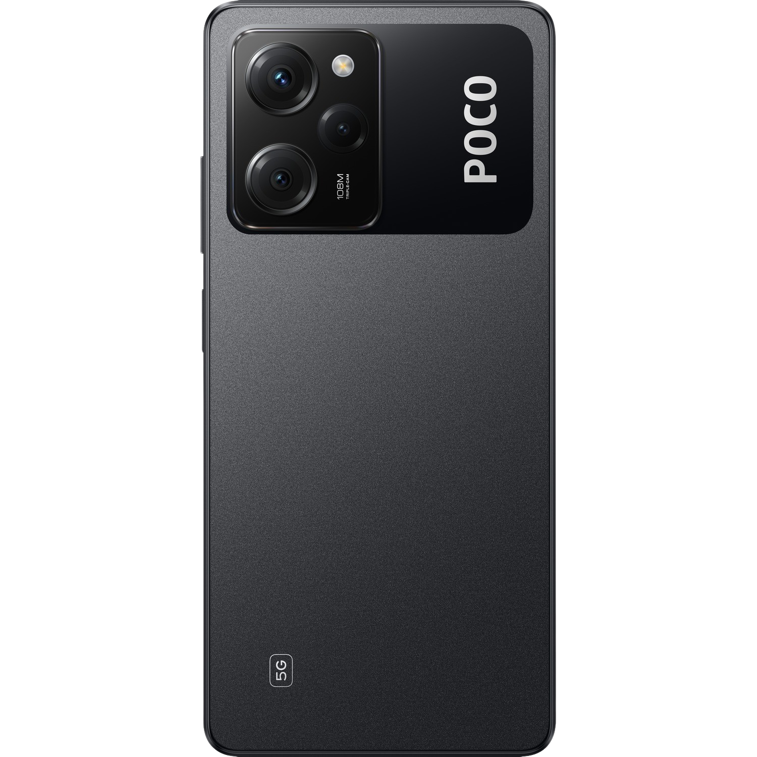 Ein schwarzes Smartphone mit Kamera-Setup und dem Wort "POCO" auf der Rückseite.