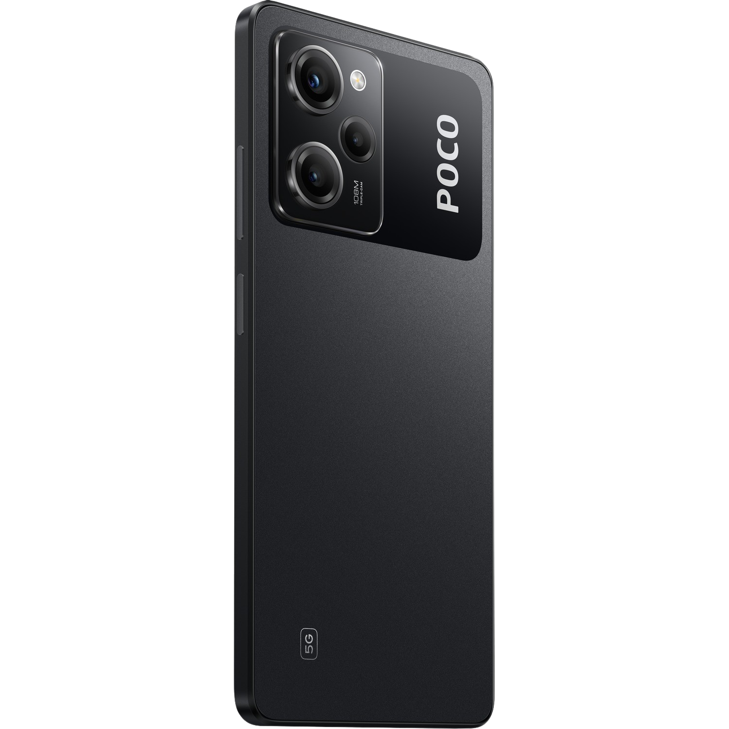 Schwarzes Smartphone mit Dreifach-Kamera. Das Telefon befindet sich auf schwarzem Hintergrund.