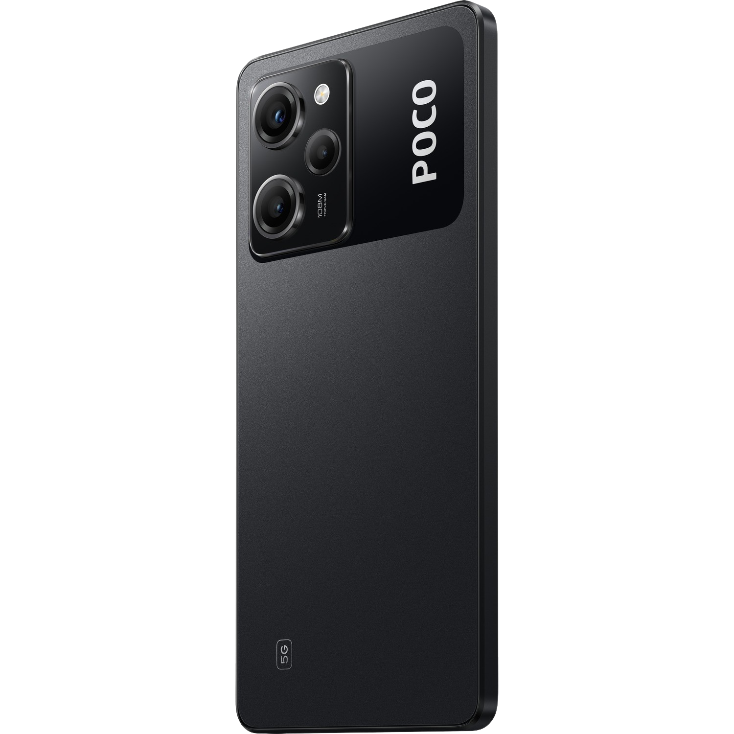 Schwarzes Poco-Telefon auf schwarzem Hintergrund, zeigt Kamera und POCO-Logo an der Seite.