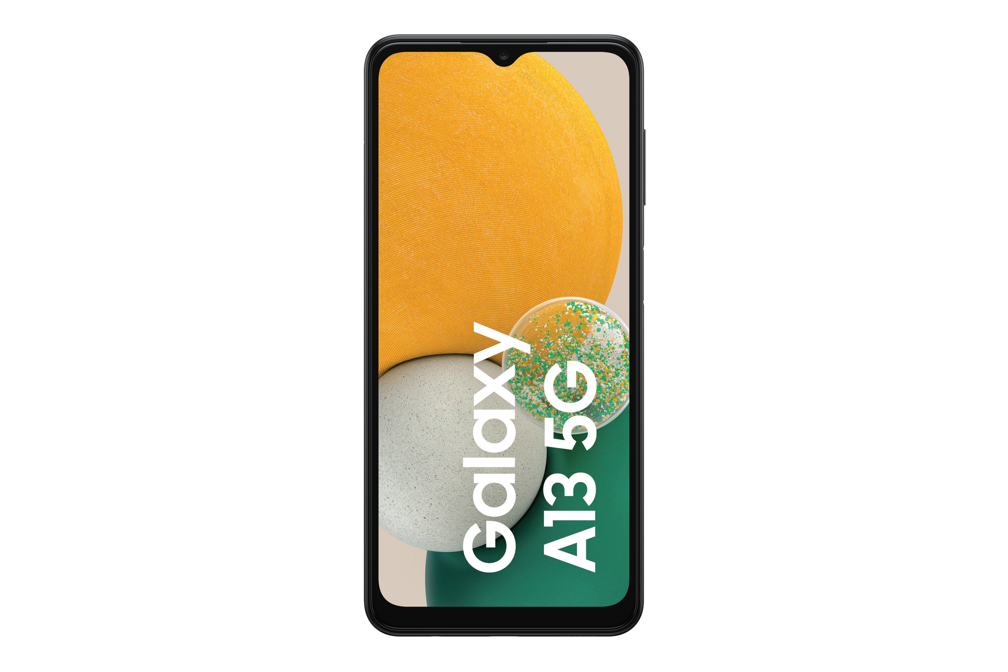 Czarny telefon Samsung Galaxy A13 5G. Ekran wyświetla tło z białym i żółtym kształtem.