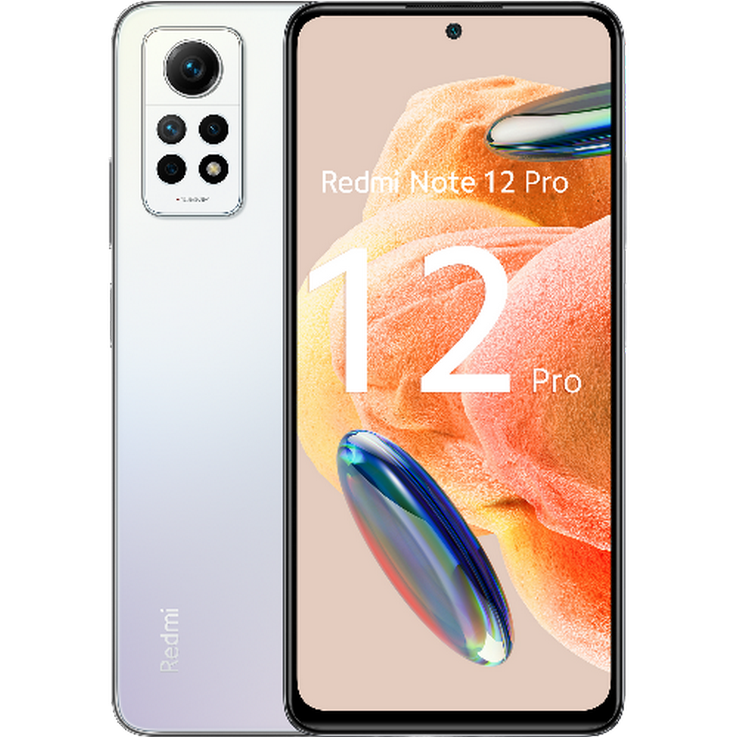 Biały telefon Redmi Note 12 Pro z tylnymi aparatami po lewej stronie.