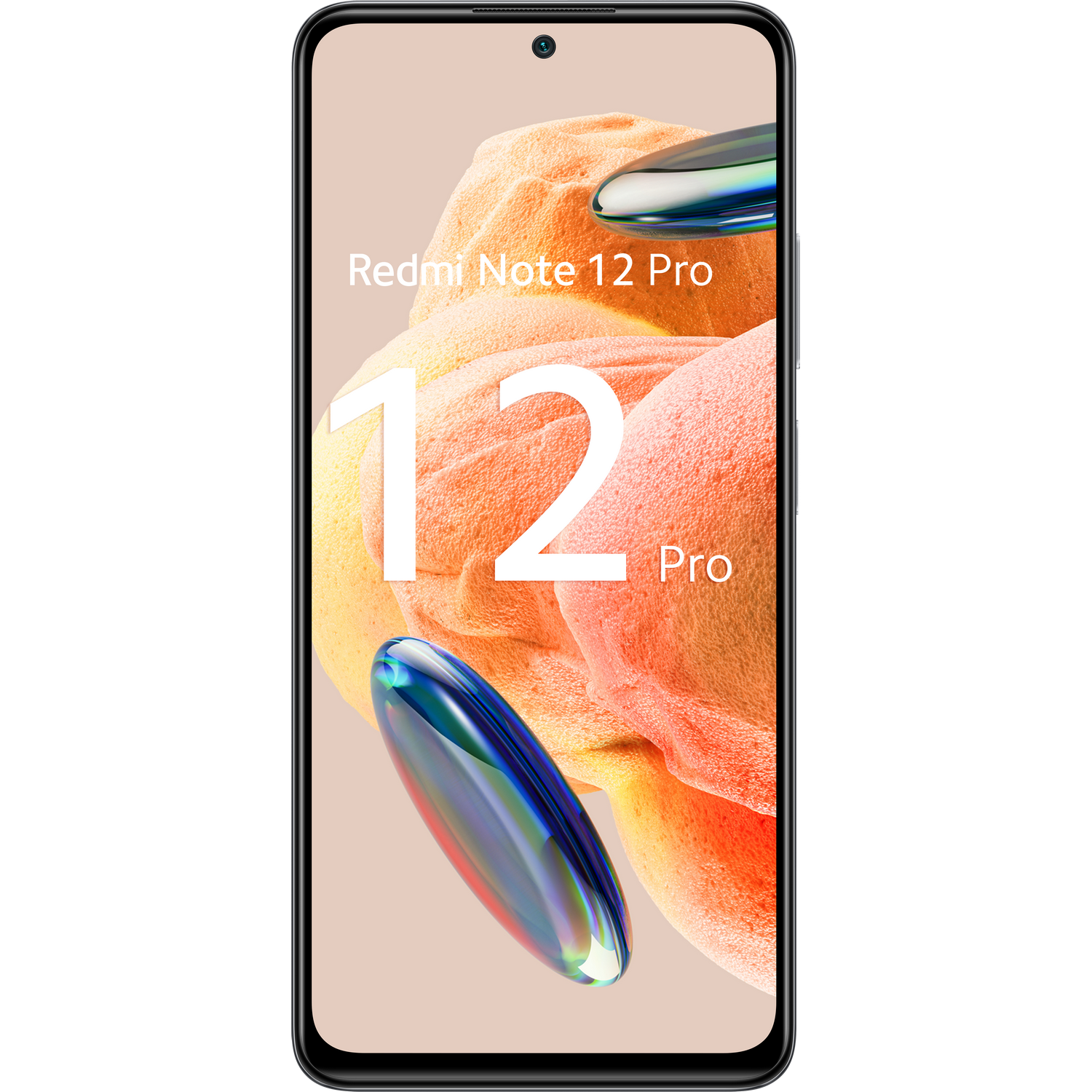 Smartfon wyświetla logo Redmi Note 12 Pro. Ma ekran z abstrakcyjnym wzorem i czarną ramką.