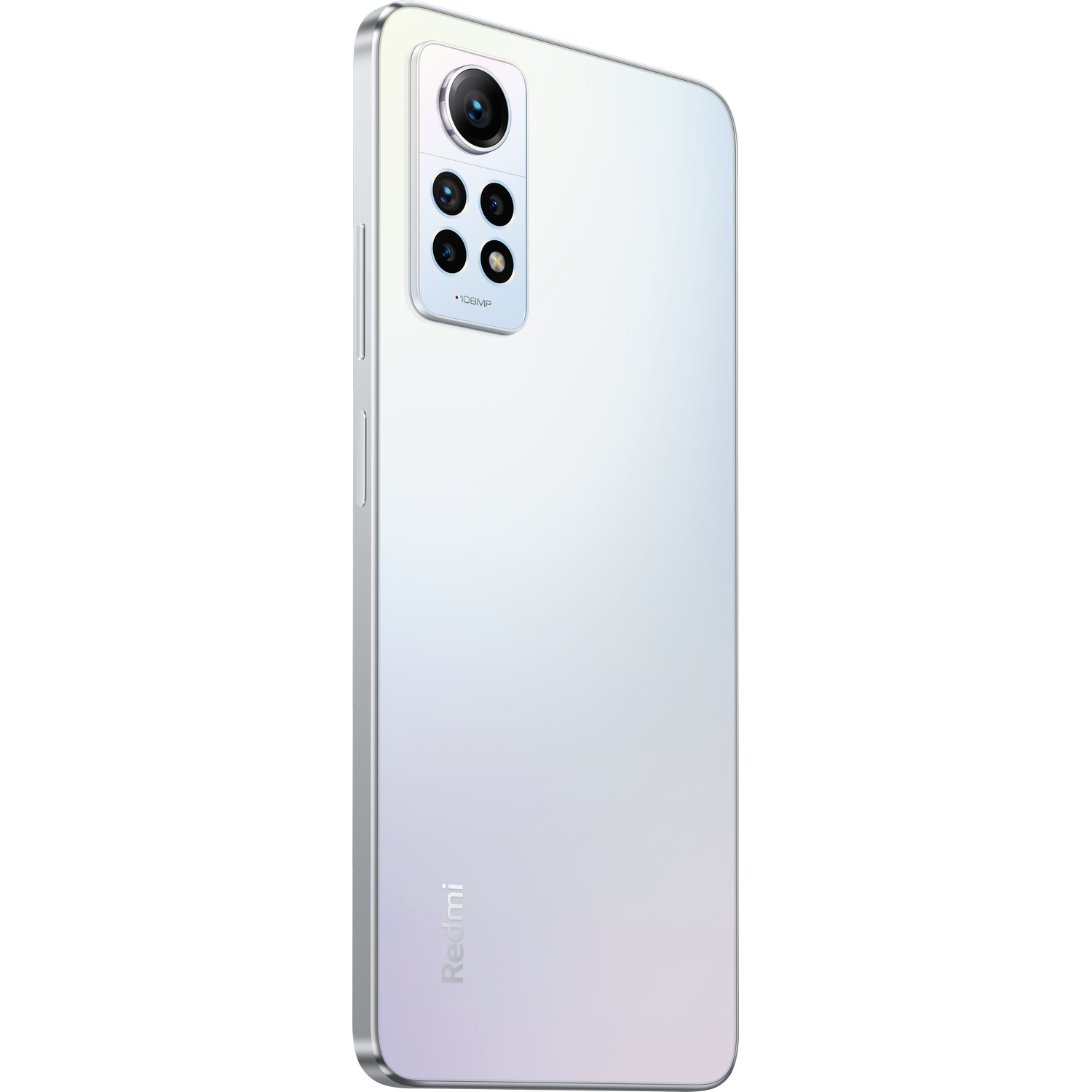 Biały smartfon z wieloma tylnymi aparatami. Telefon ma srebrną ramkę.