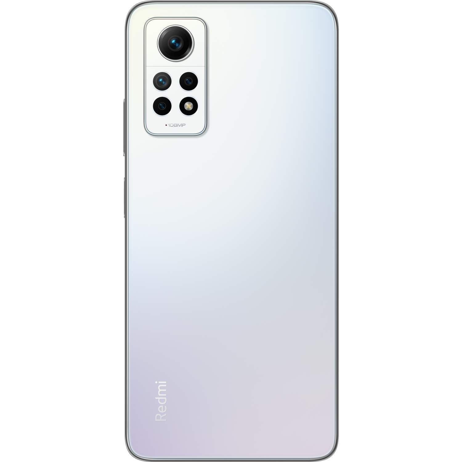 Biały smartfon z czterema aparatami i słowem Redmi z tyłu. Czarne tło.