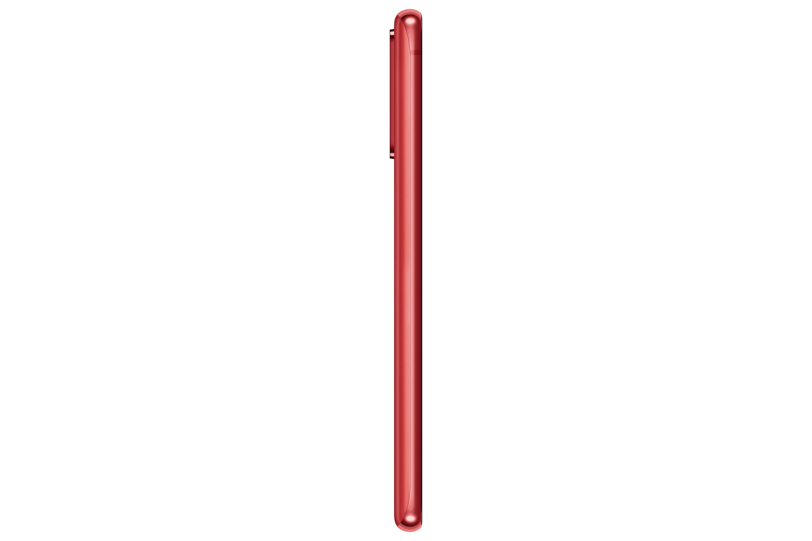 Un smartphone rojo, vista lateral.