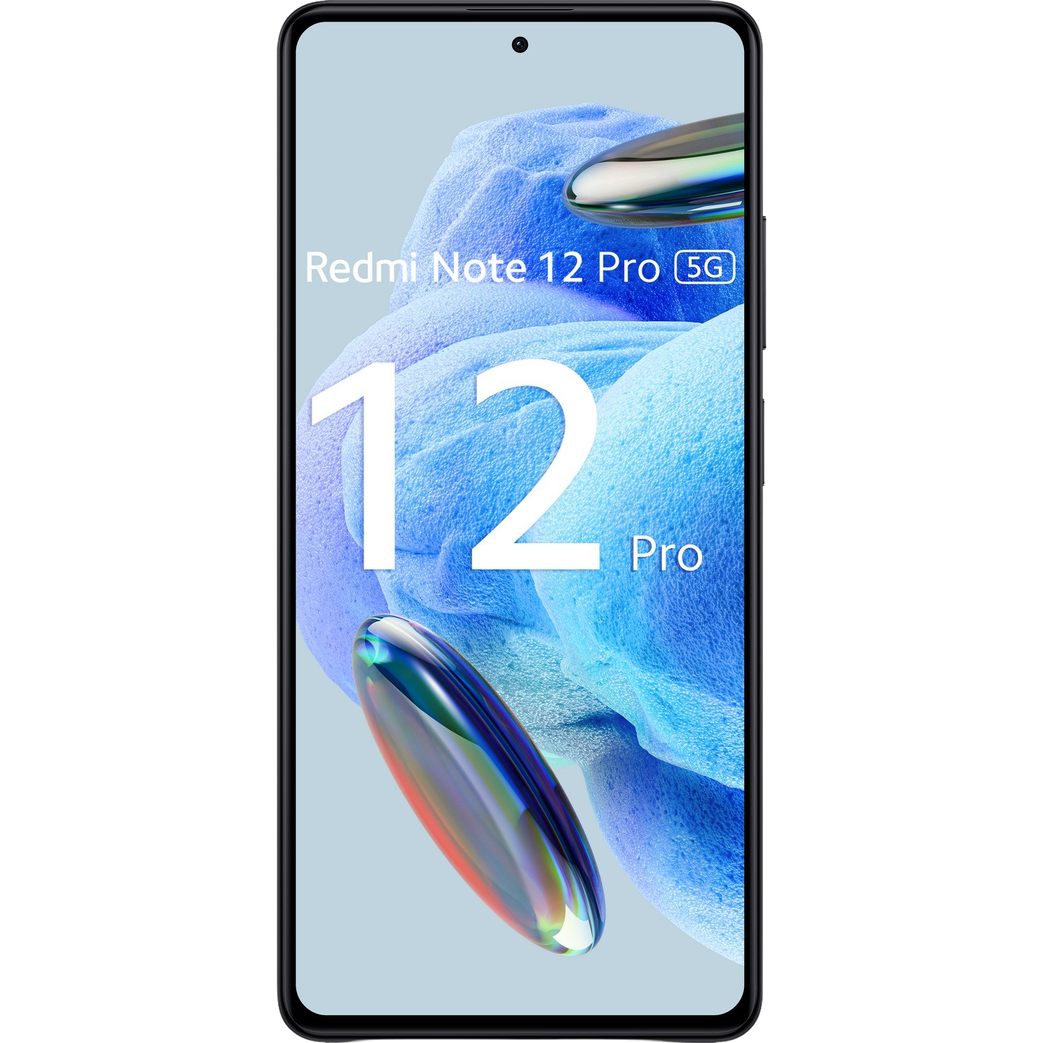 Czarny telefon z dużym wyświetlaczem pokazującym ikony aplikacji i tekst 'Redmi Note 12 Pro 5G'.