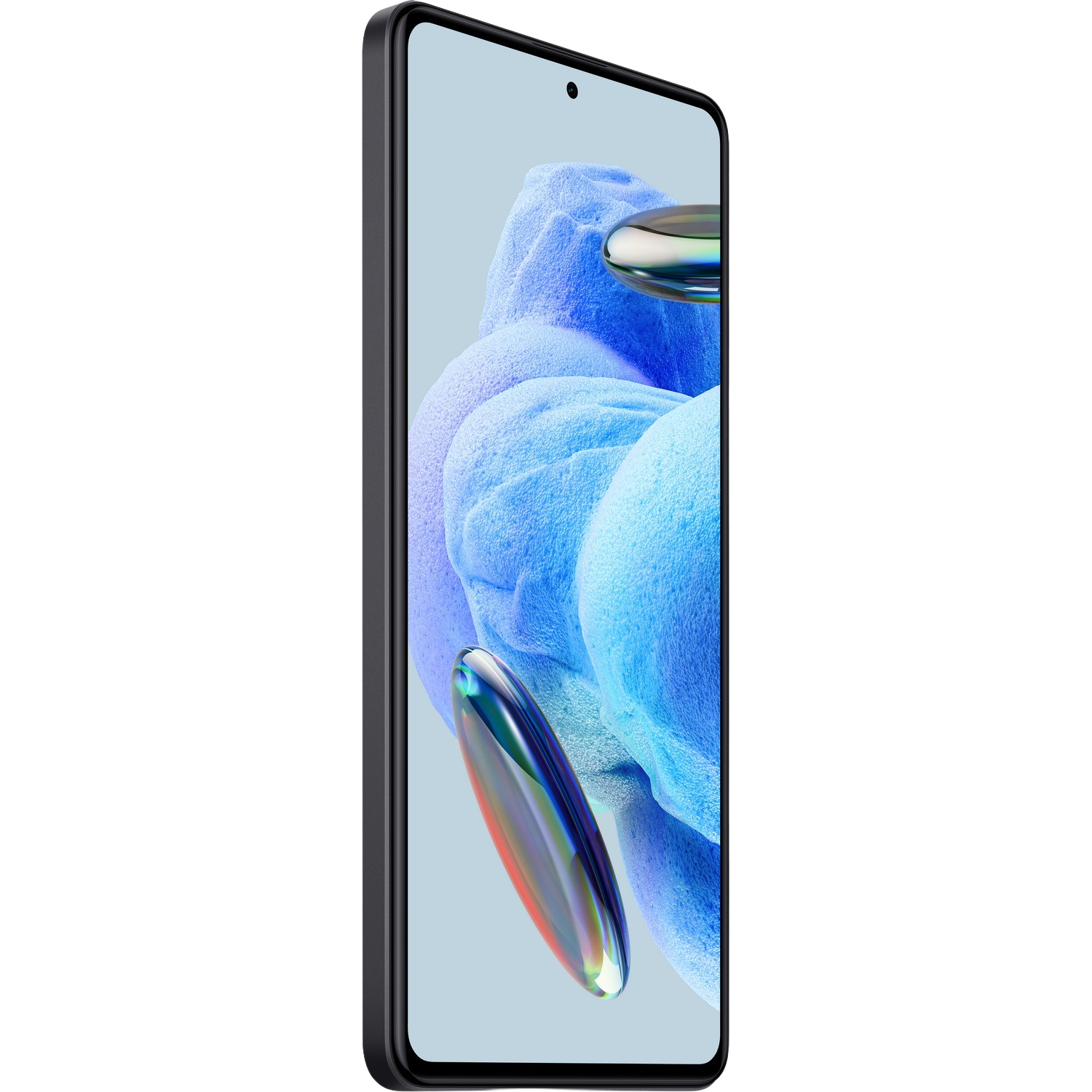 Widok z boku czarnego smartfona z wyświetlaczem pokazującym kolorowy abstrakcyjny obraz.