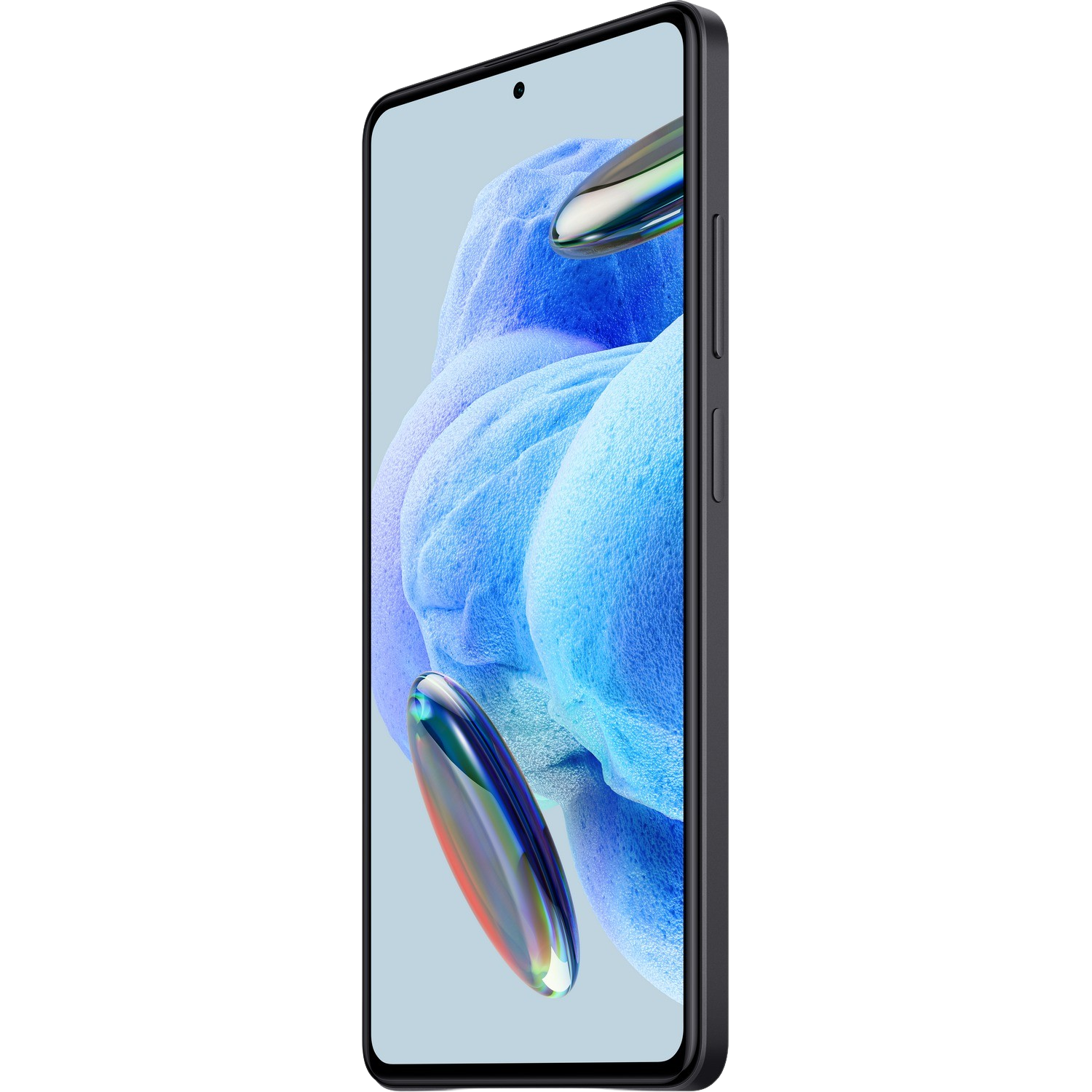 Smartfon, widok z boku, czarna ramka, niebieski ekran z jasnoniebieskim tłem.