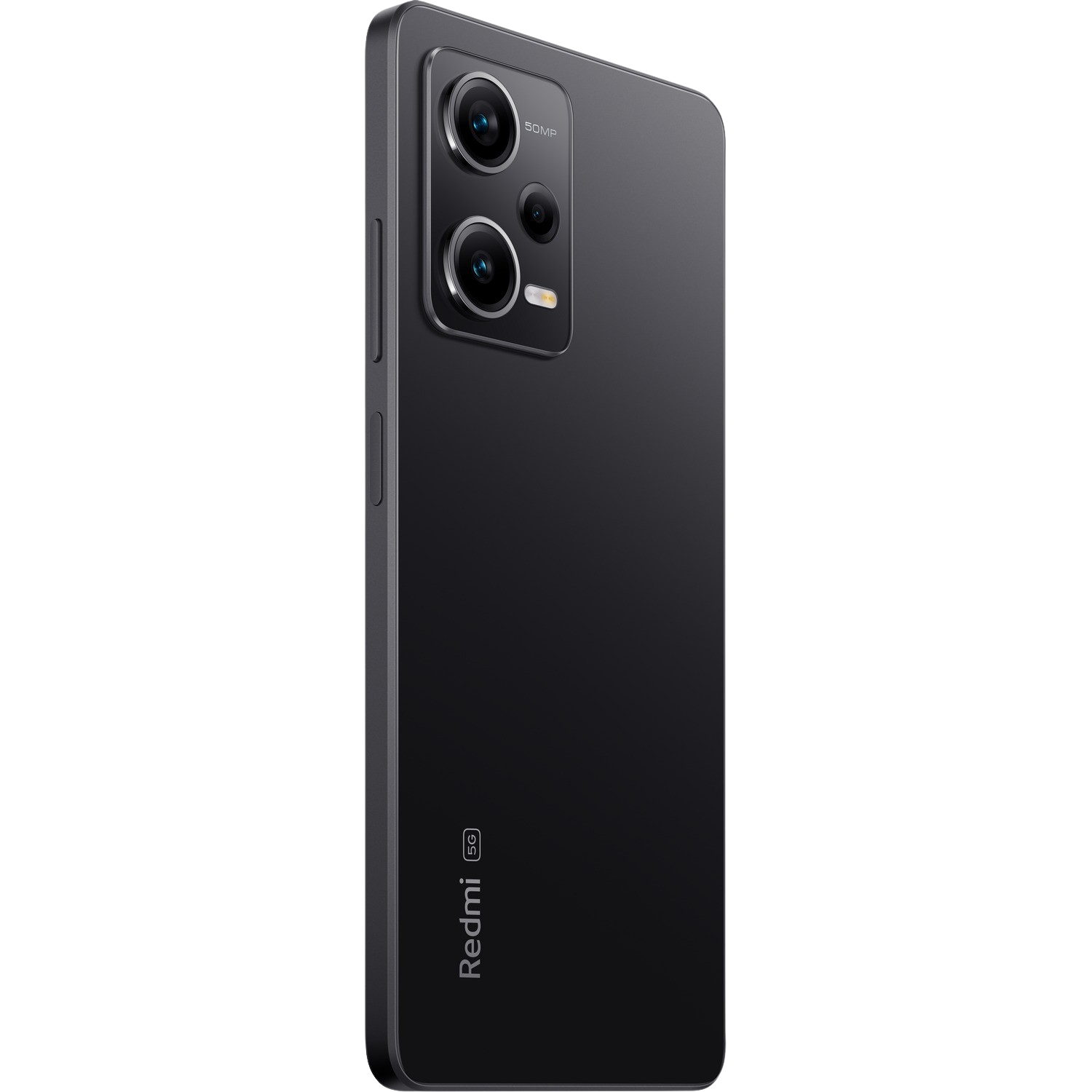 Czarny smartfon, widok z tyłu. Ma trzy kamery i logo Redmi 5G. Czarne tło.