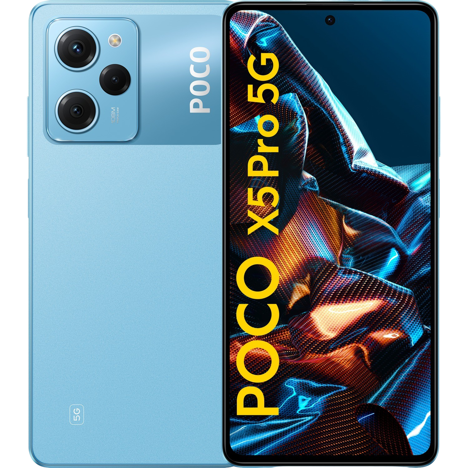 Blaues Poco X5 Pro 5G-Telefon, Vorder- und Rückansicht.