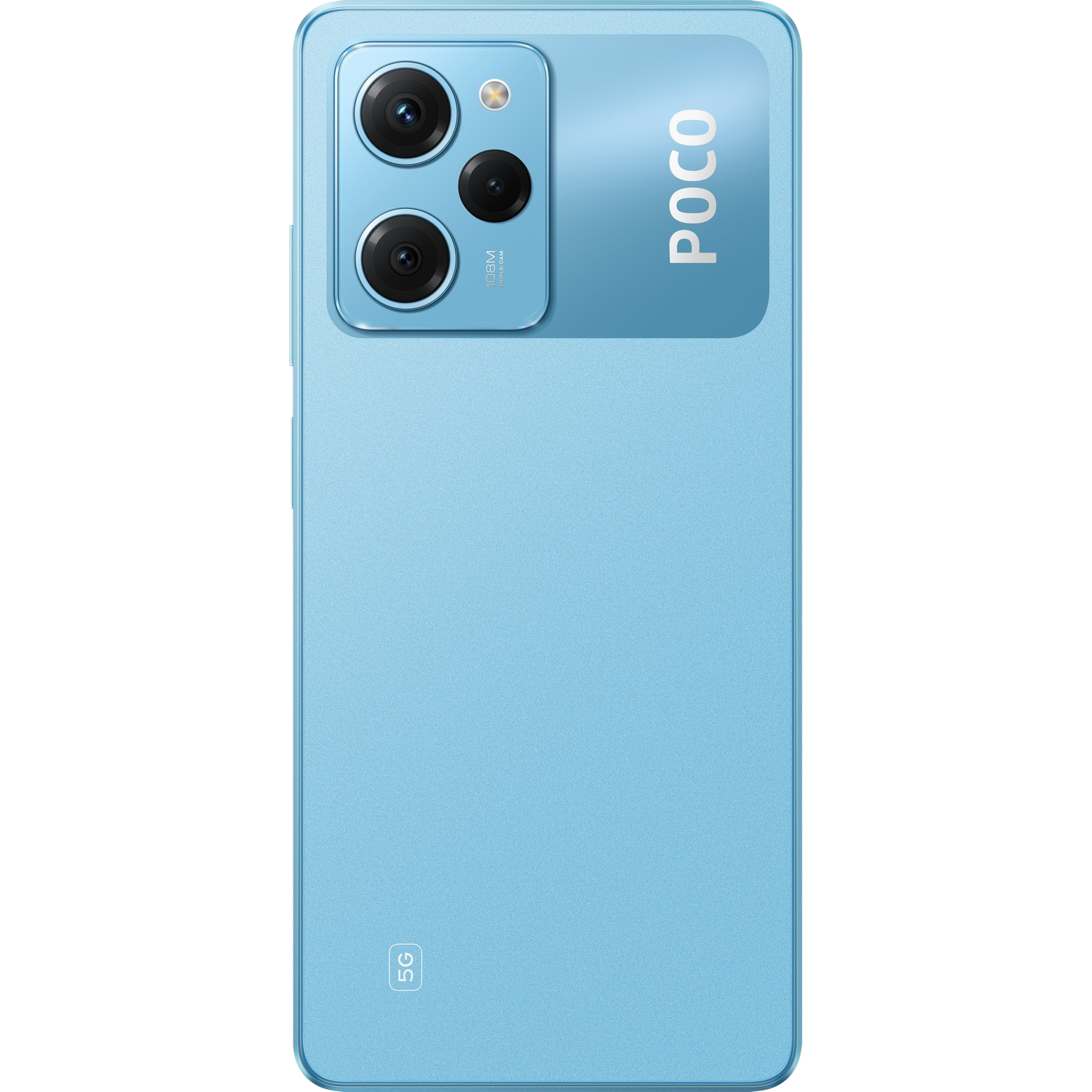 Blaues Telefon mit drei Kameras und POCO-Logo auf der Rückseite.