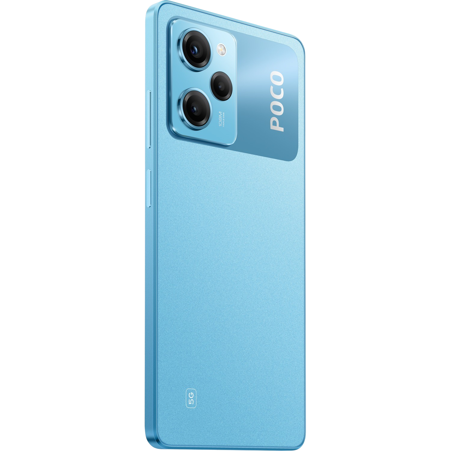 Blaues Poco-Telefon, gedreht, um die Dreifachkamera und das POCO-Logo zu zeigen. Schwarzer Hintergrund.