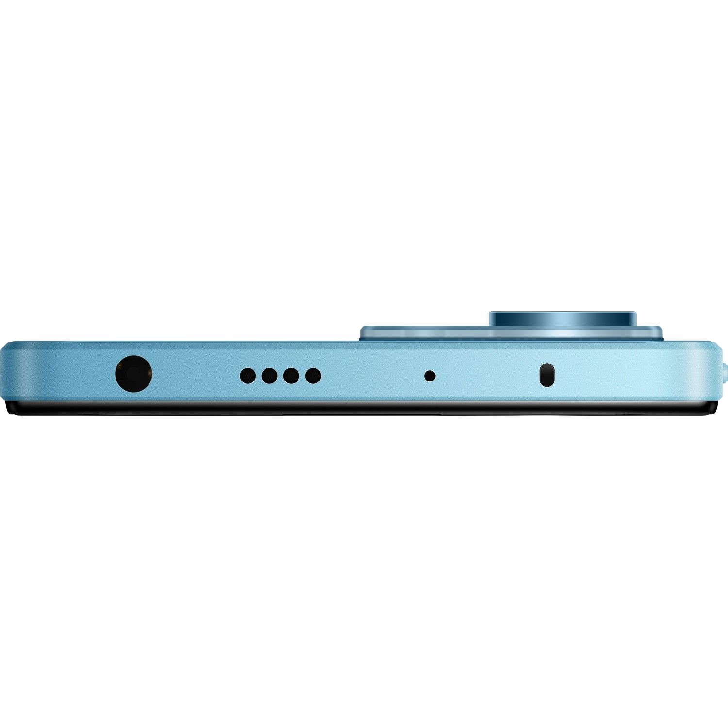 Seitenansicht eines hellblauen Smartphones mit Kopfhöreranschluss und mehreren Anschlüssen.