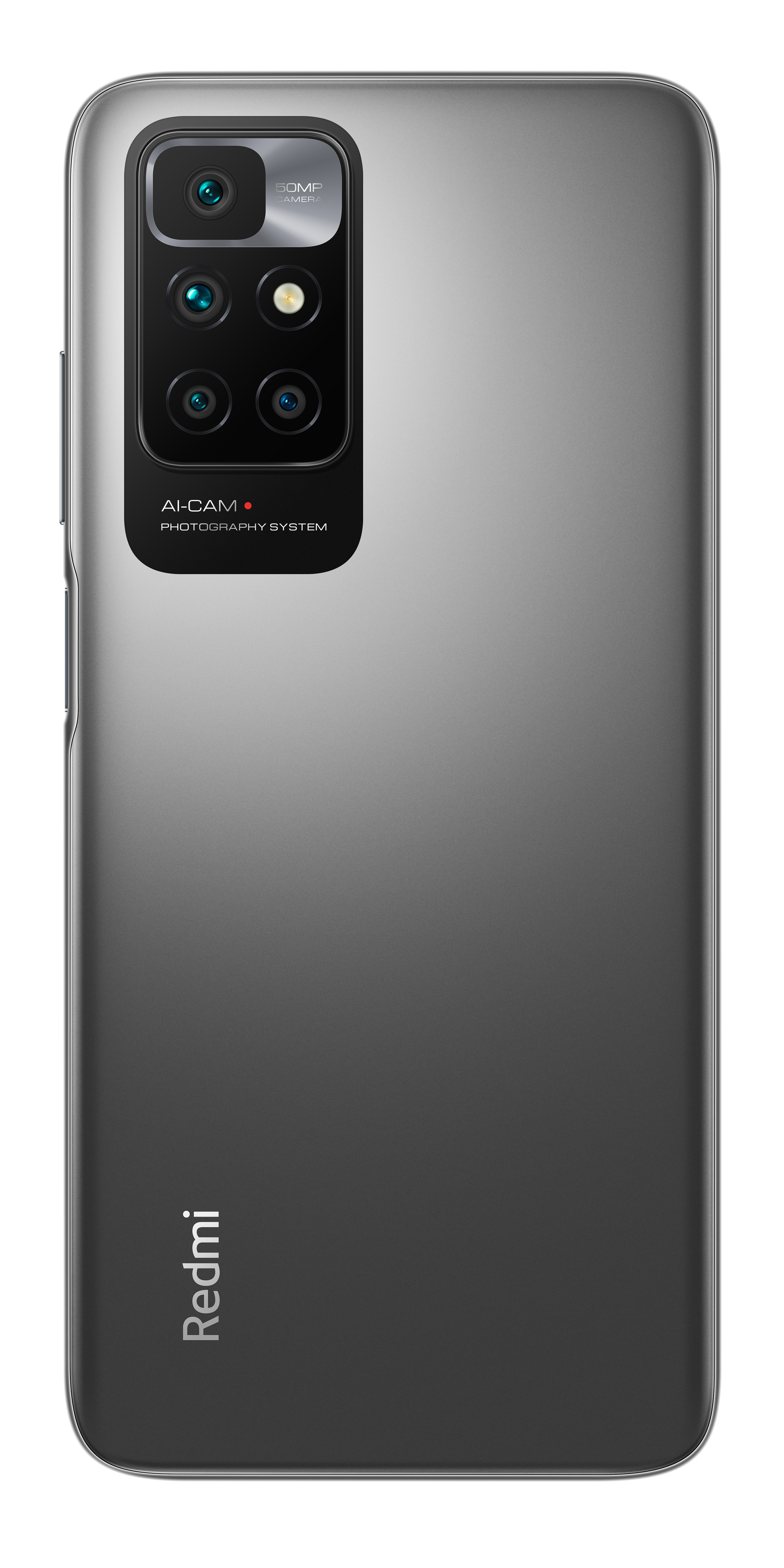 La parte trasera de un teléfono gris con una cámara multiobjetivo y el logotipo de redmi. La cámara tiene 4 lentes.