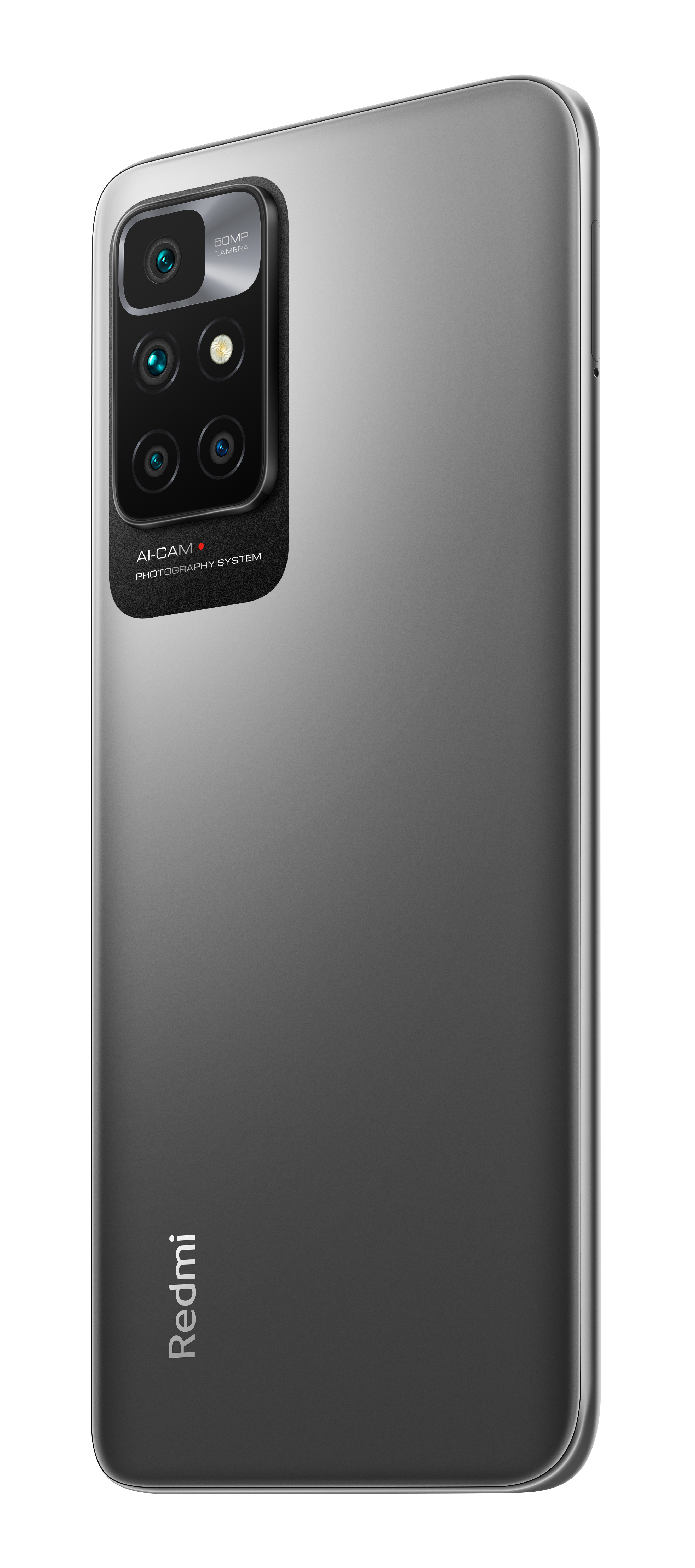 Vista trasera de smartphone gris con múltiples cámaras, logotipo de Redmi y fondo negro.