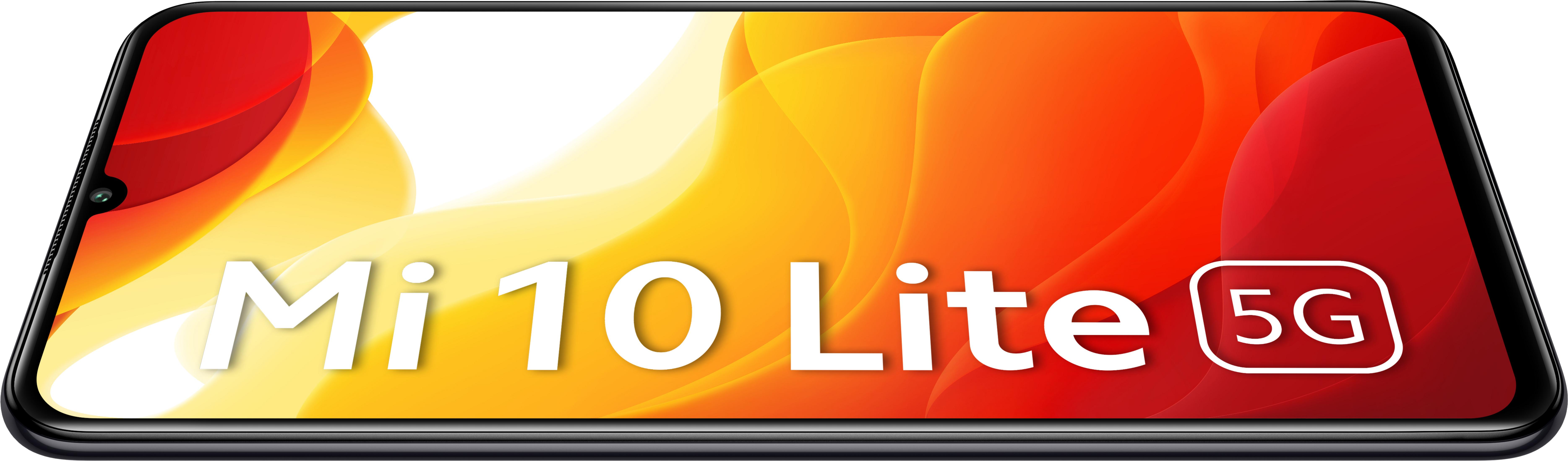 Telefon z tekstem Mi 10 Lite 5G na ekranie. Telefon jest czarny z pomarańczowo-żółtym tłem.