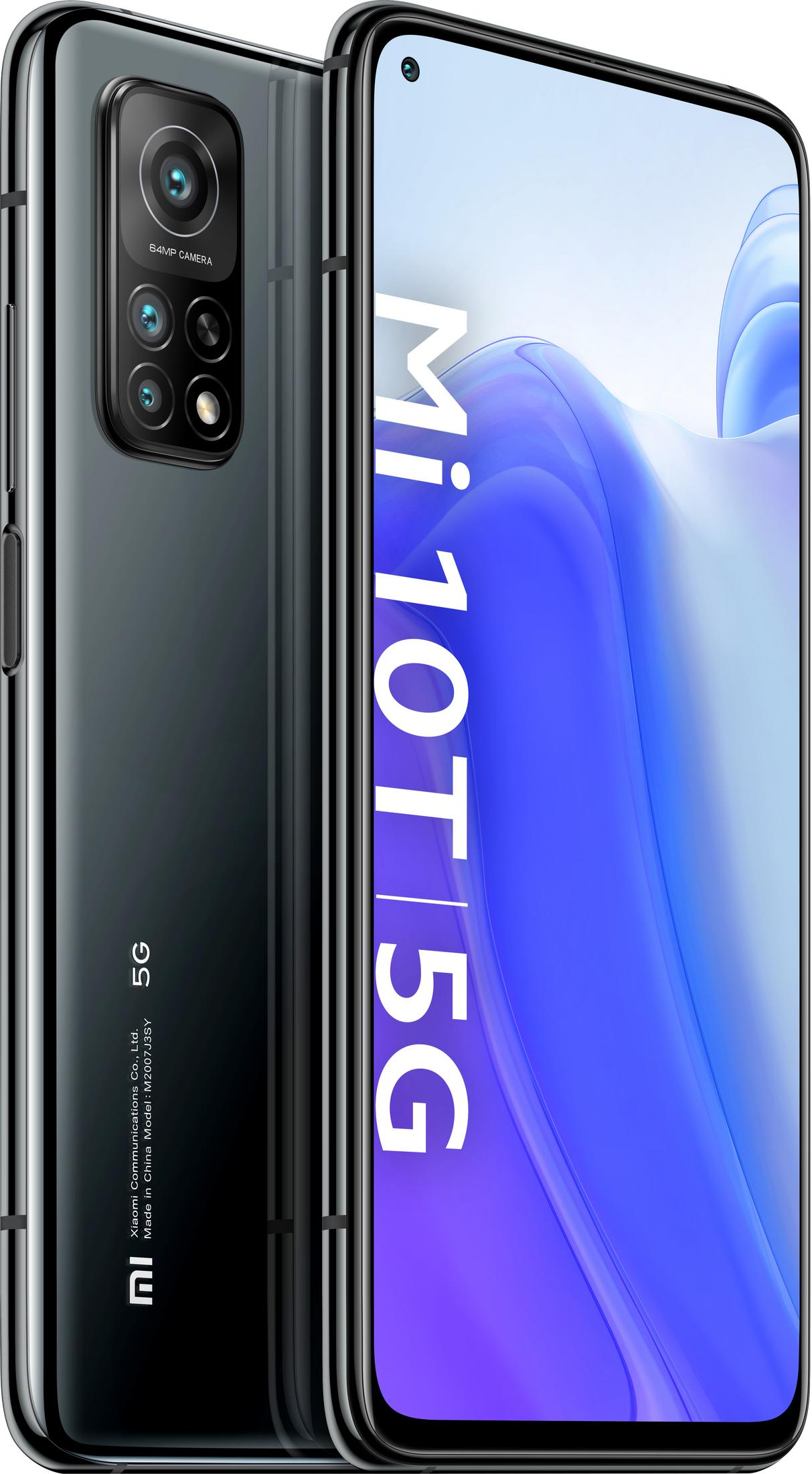 Czarno-szary smartfon; podwójny aparat; tekst MI 10T 5G na wyświetlaczu, izolowany na białym.