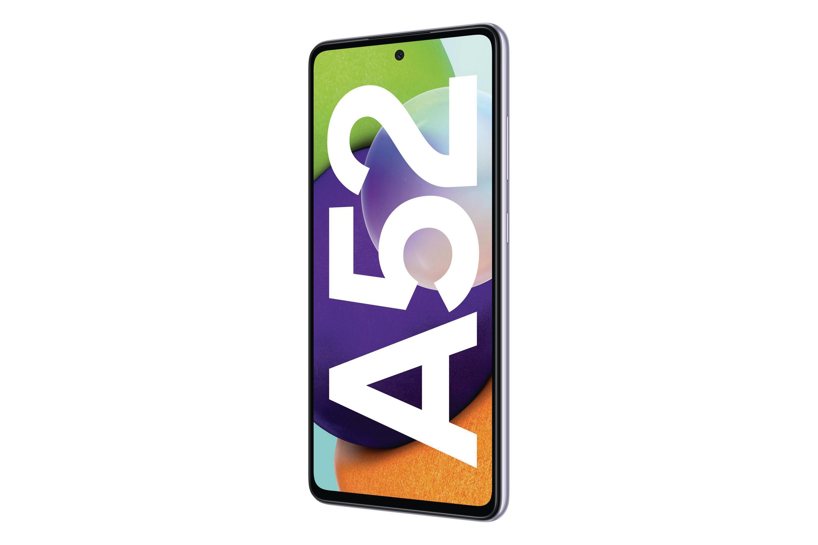 Téléphone A52, vue en angle. Violet avec texte A52 blanc. Fond vert, blanc et violet.