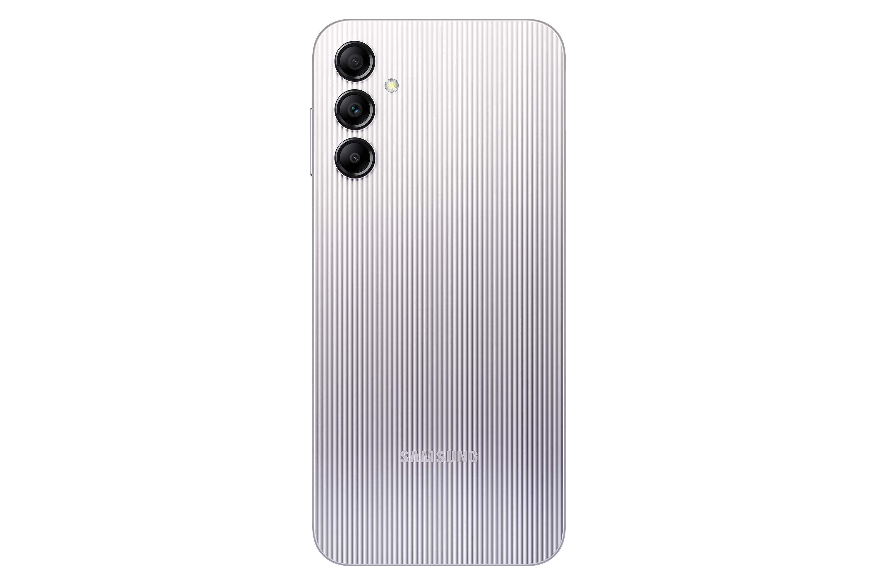 Srebrny tył telefonu z trzema aparatami i logo Samsung na czarnym tle.