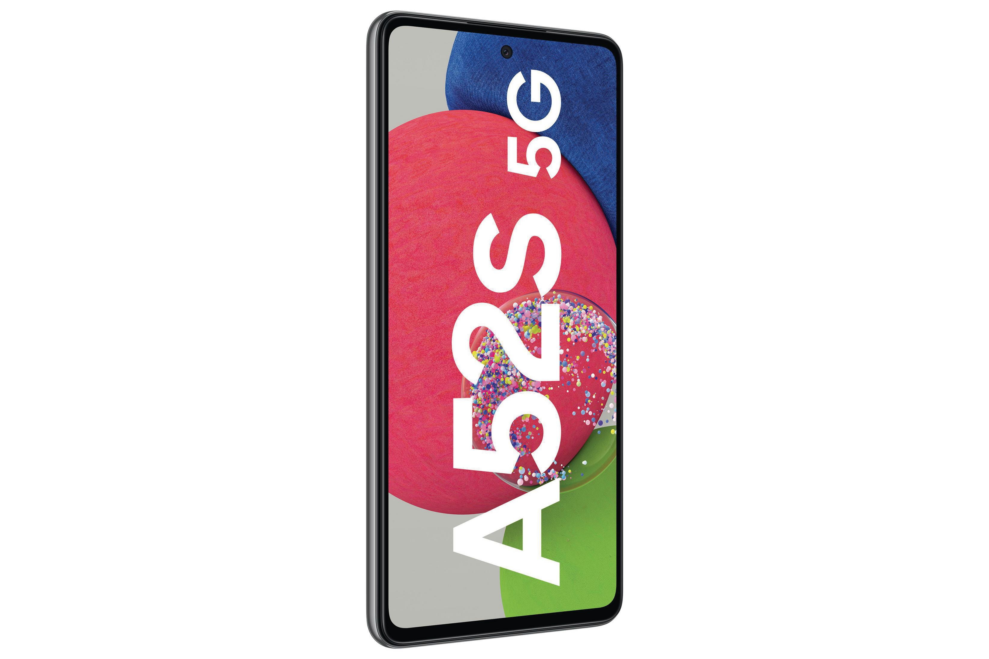 Smartfon. Czerwone, różowe i zielone gradientowe tło. Telefon wyświetla tekst A52S 5G.