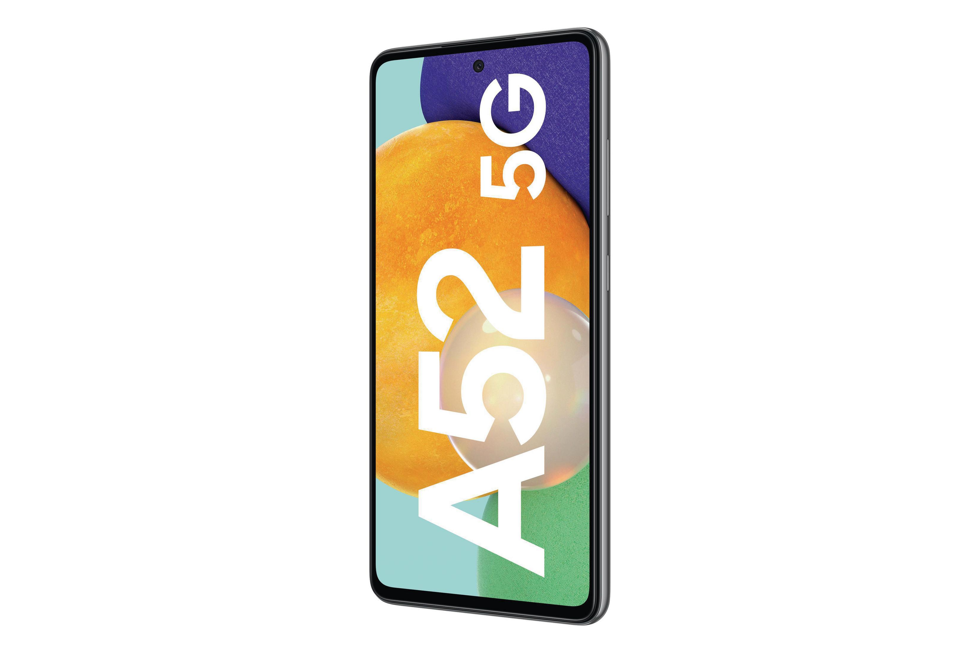 Telefon Samsung A52 5G, z jasnym ekranem pokazującym kolorowy gradient i tekst A52 5G.