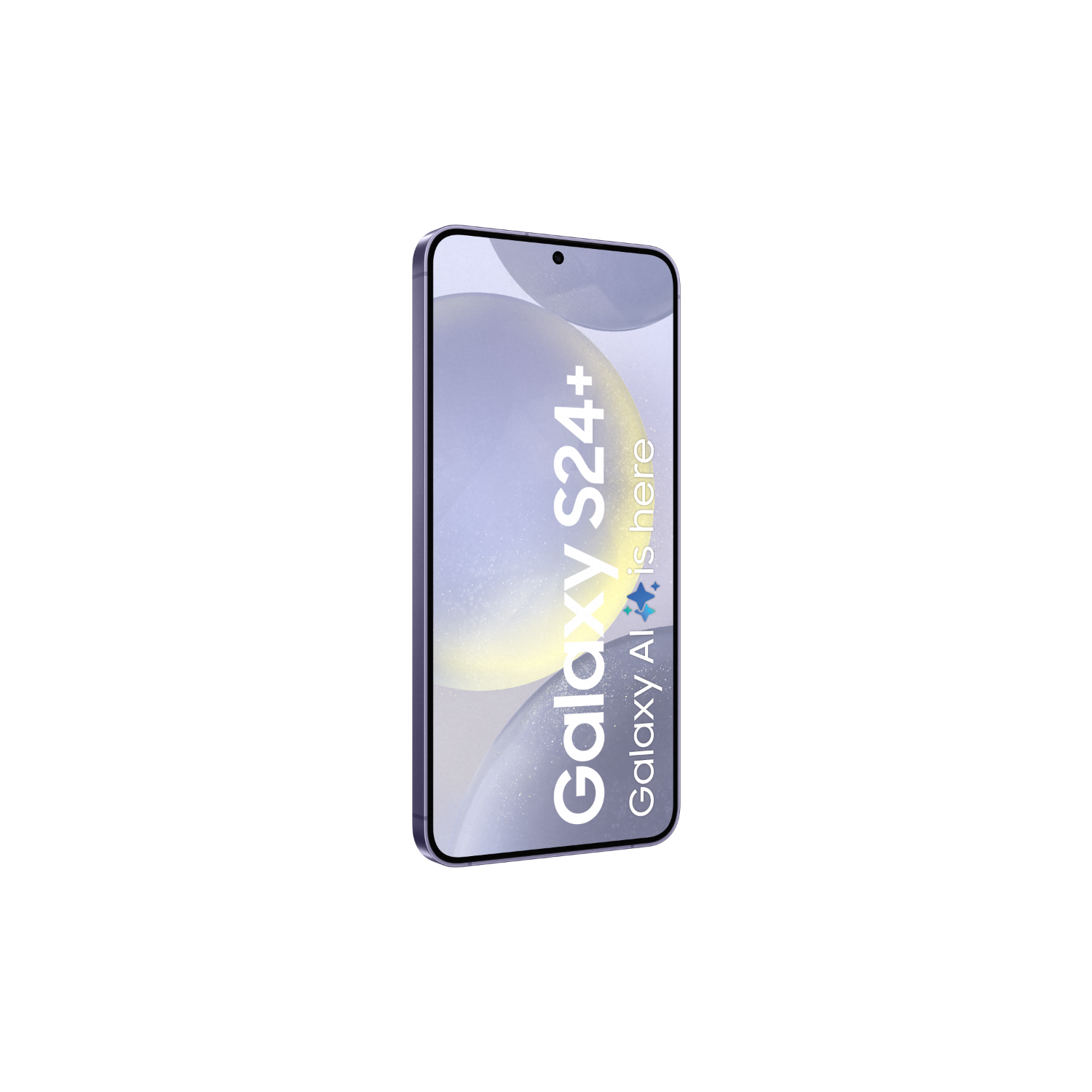 Smartfon z tekstem "Galaxy S24+", "Galaxy AI is here". Wyświetlacz pokazuje jasnoniebieskie i białe gradienty. Czarne tło.