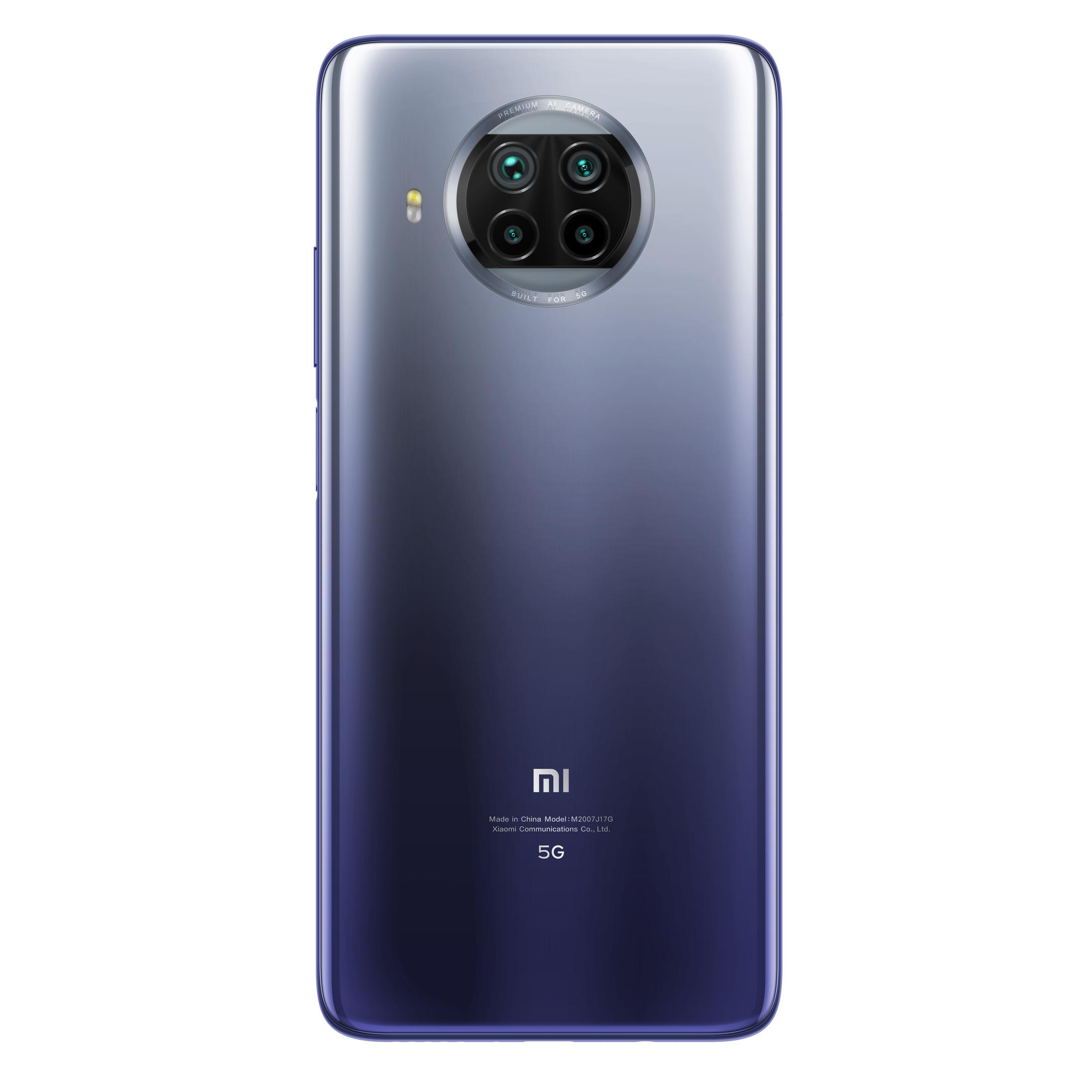 Black and blue phone. Quad cameras, rear view, white Xiaomi logo.