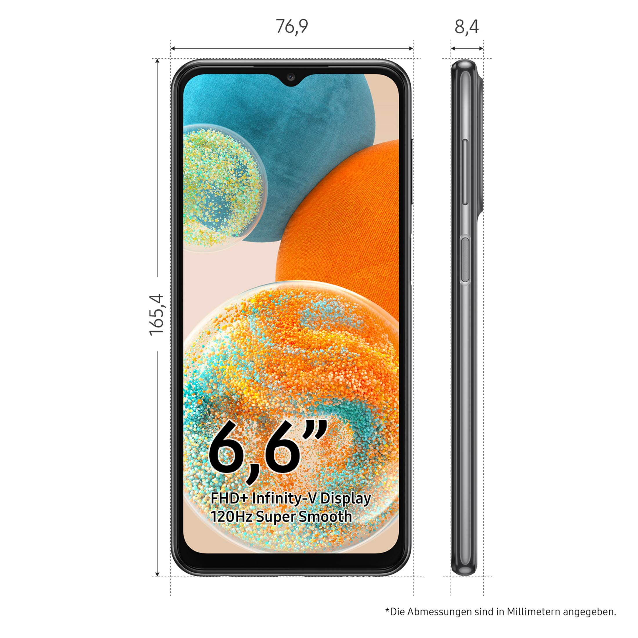 Czarny smartfon z ekranem 6,6", wymiarami i kolorowym tłem.