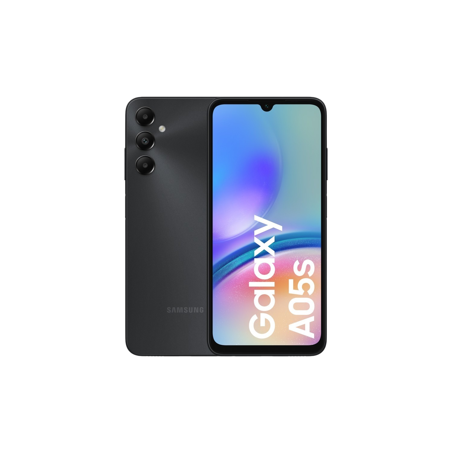 Ciemnoszary telefon po lewej, z białym ekranem wyświetlającym 'Galaxy A05s', na czarnym tle.