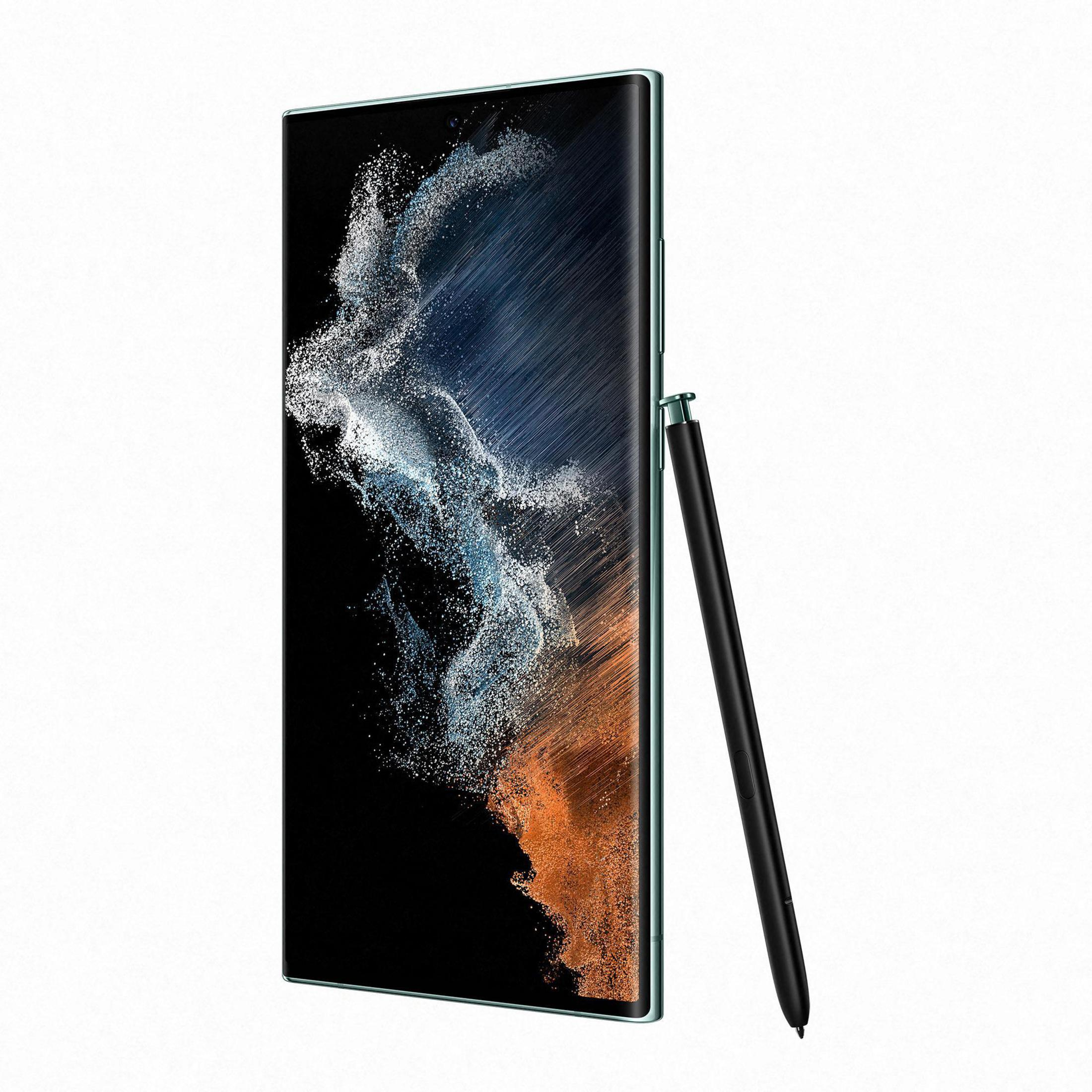 Zielony smartfon z rysikiem obok, na białym tle. Widok z boku.