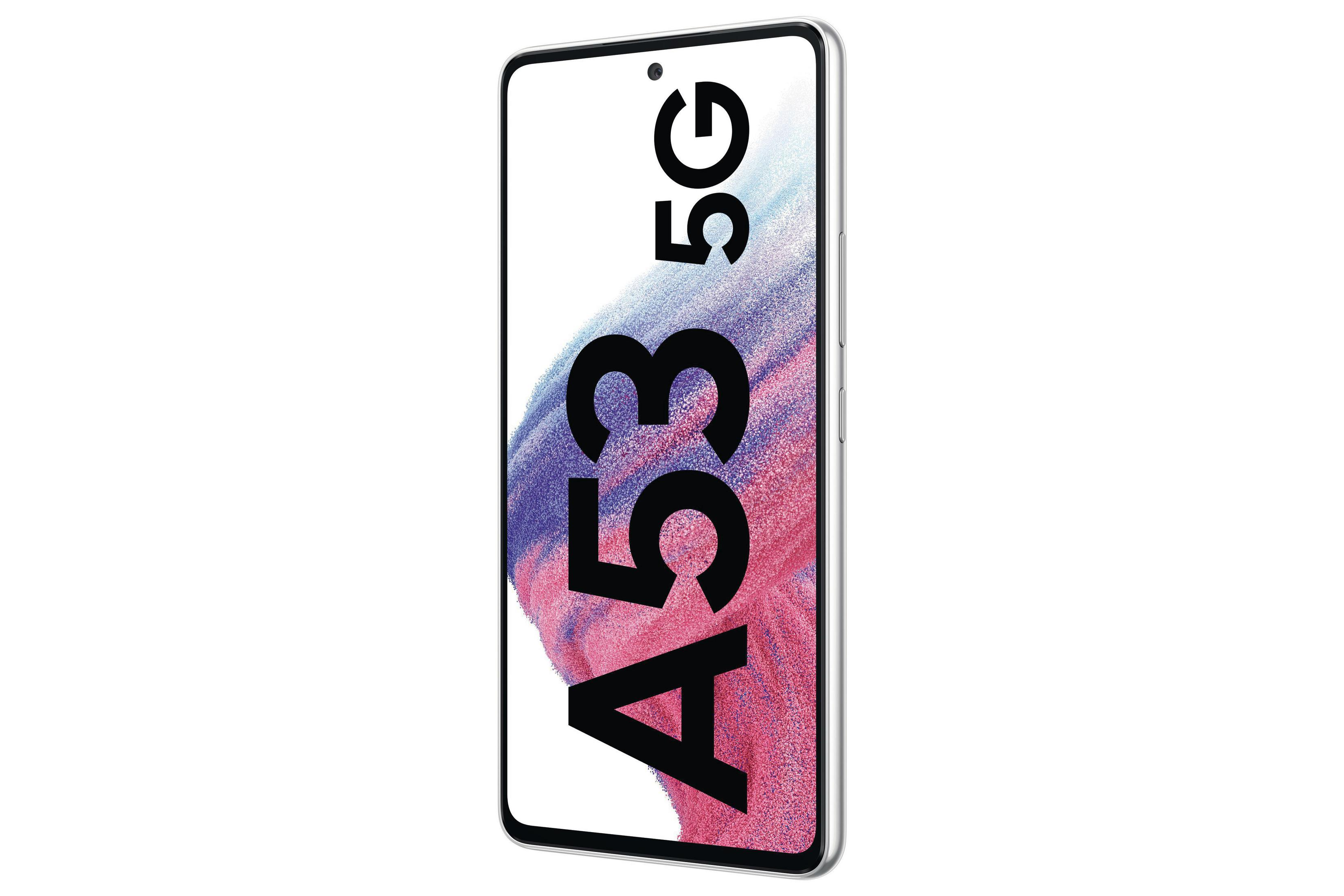 Zilveren Samsung A53 5G-telefoon. Het scherm toont de A53-branding en het 5G-logo.