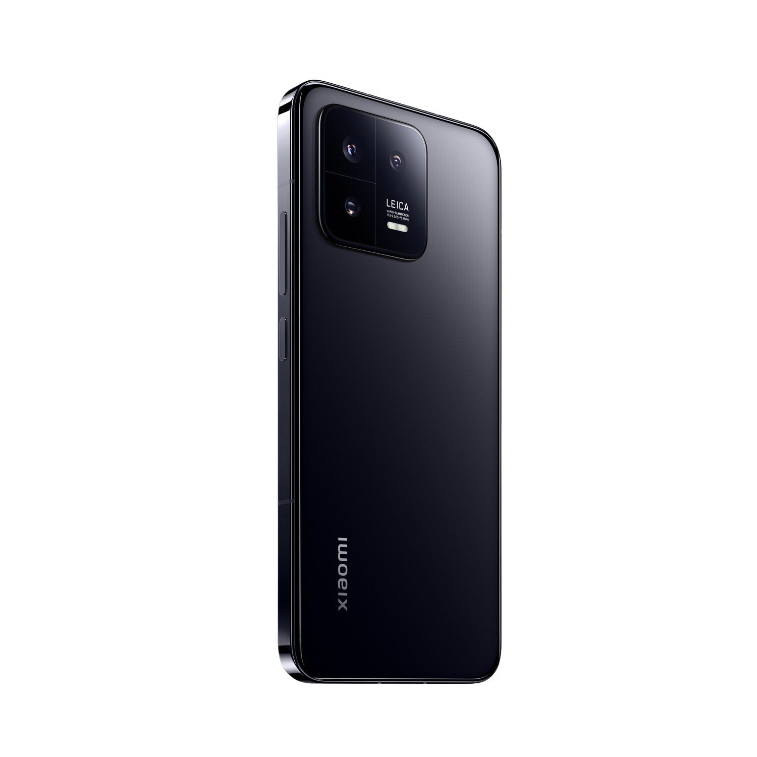 Czarny telefon z potrójnym obiektywem i marką Leica, na czarnym tle.