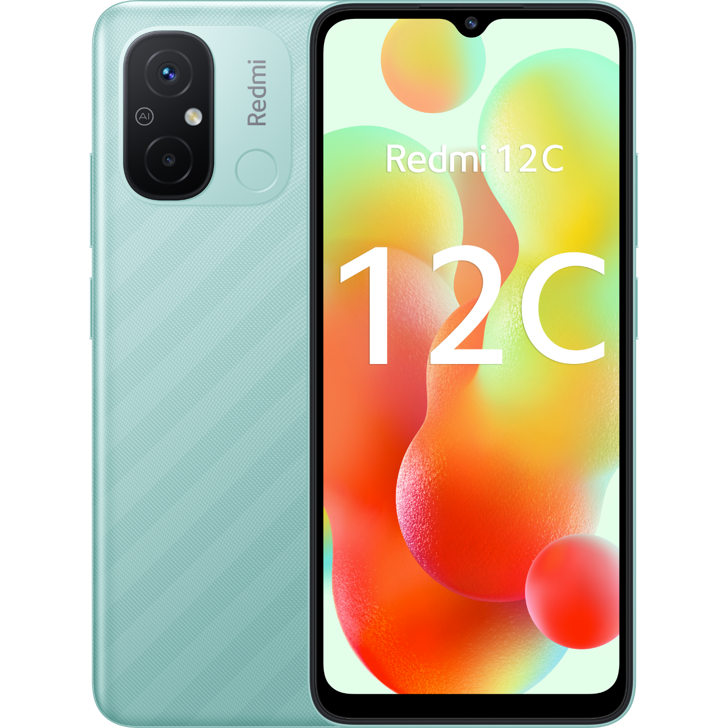 Mintgrünes Redmi 12C Telefon, Rück- und Vorderansicht, mit großer Kamera und Display.