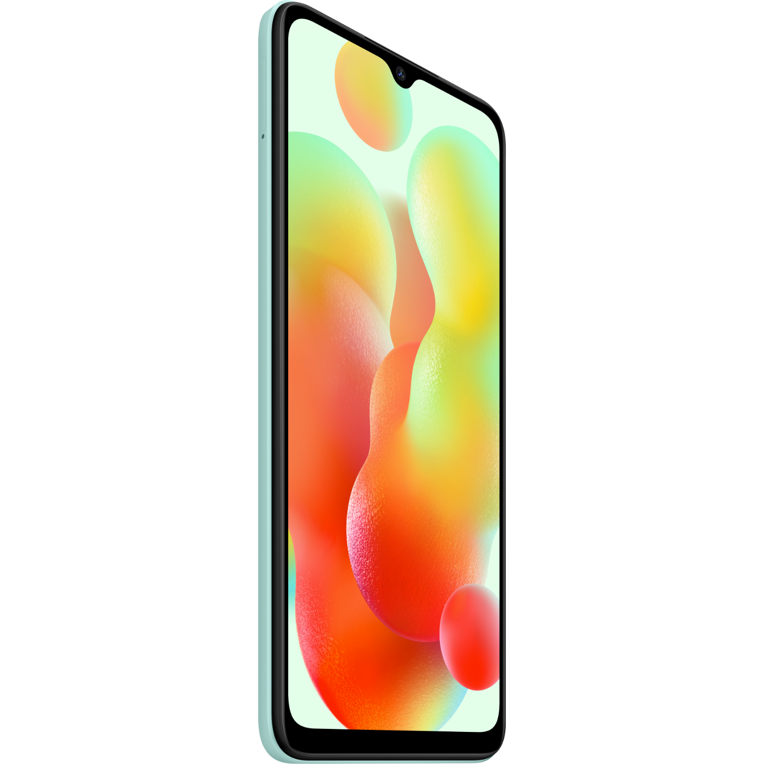 Ein mintgrünes Smartphone mit einem bunten abstrakten Hintergrund auf dem Bildschirm. Es ist im Profil.