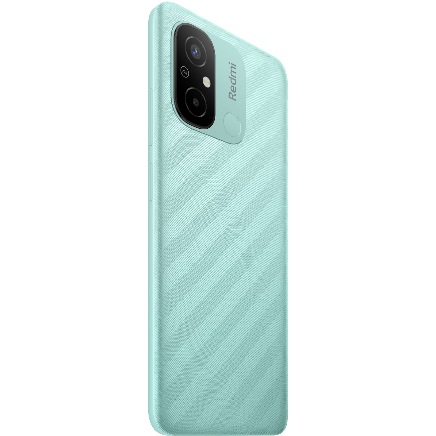 Mintgrünes Telefon, Rückseite. Diagonales Linienmuster. Redmi-Logo.