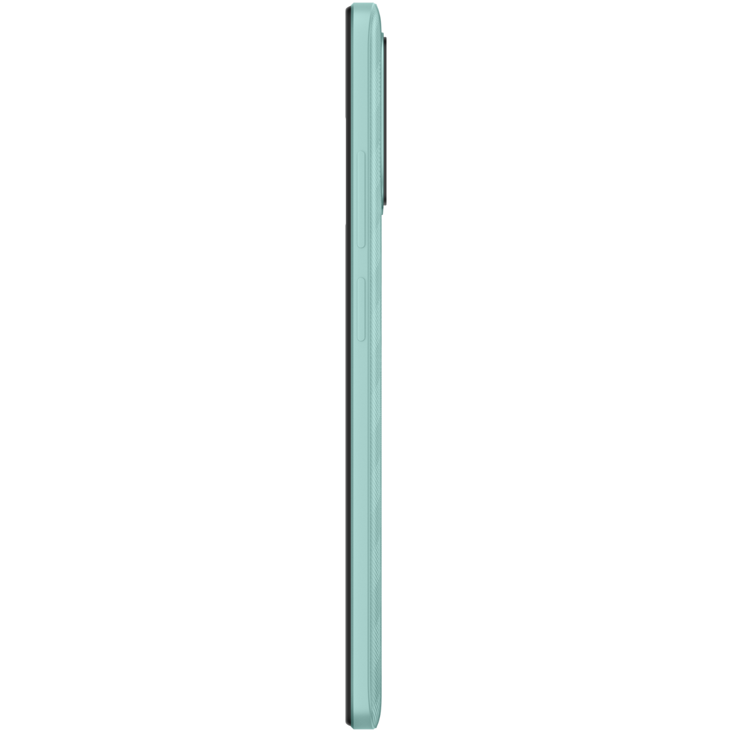 Seitenansicht eines mintgrünen Telefons. Das Telefon hat ein flaches Design.