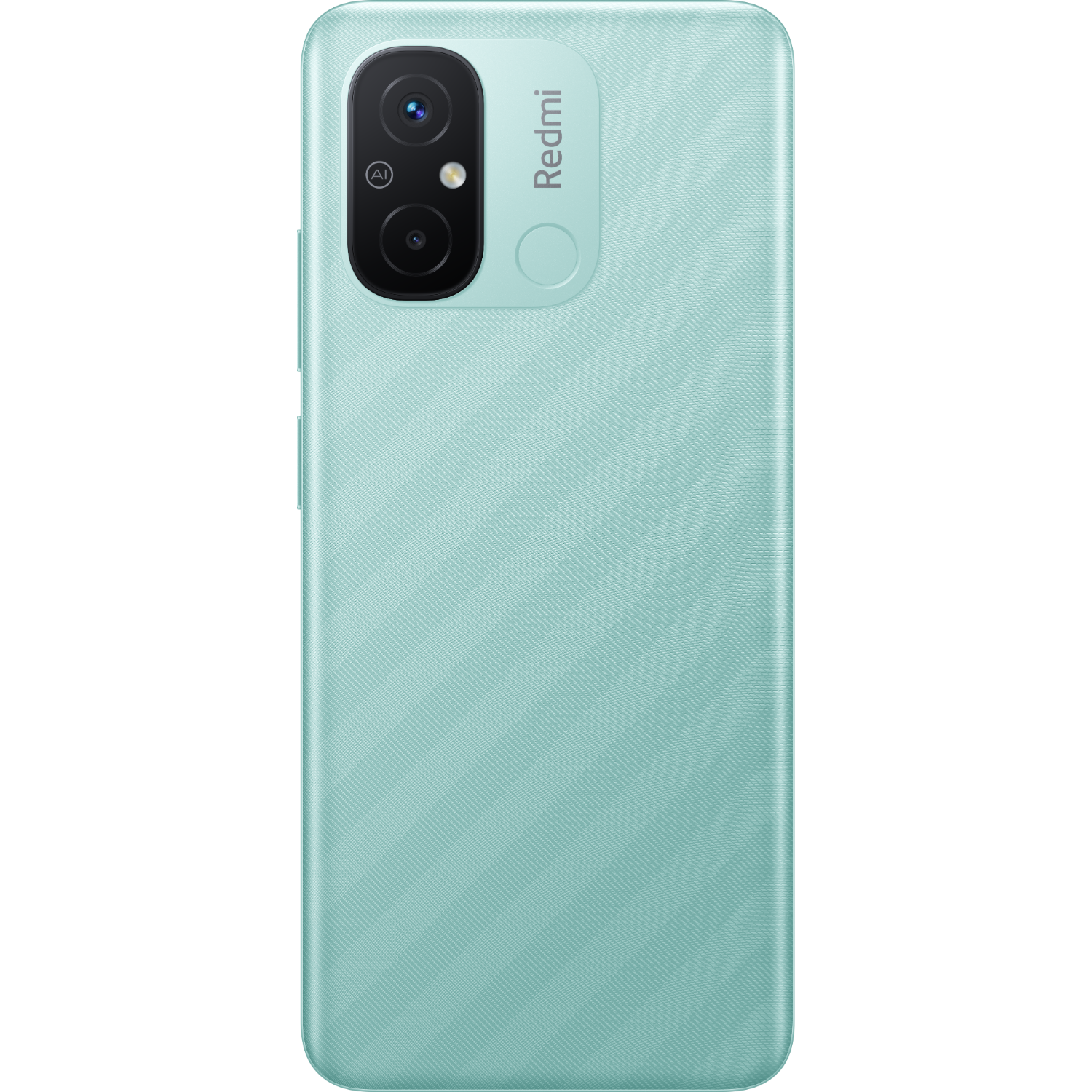 Ein hellblaues Telefon. Die Rückseite hat zwei Kameras und ein Redmi-Logo.