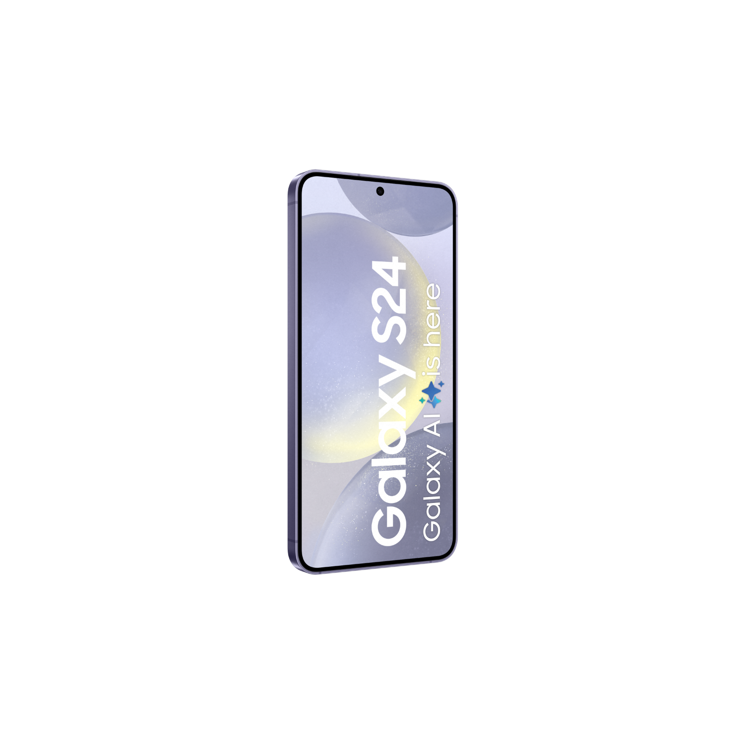 Fioletowy smartfon Galaxy S24, pod kątem, na czarnym tle, z tekstem widocznym na ekranie.