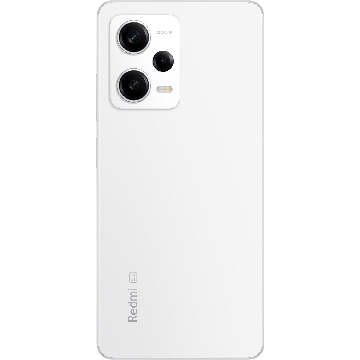 Tył białego smartfona z aparatami. Logo Redmi 5G.