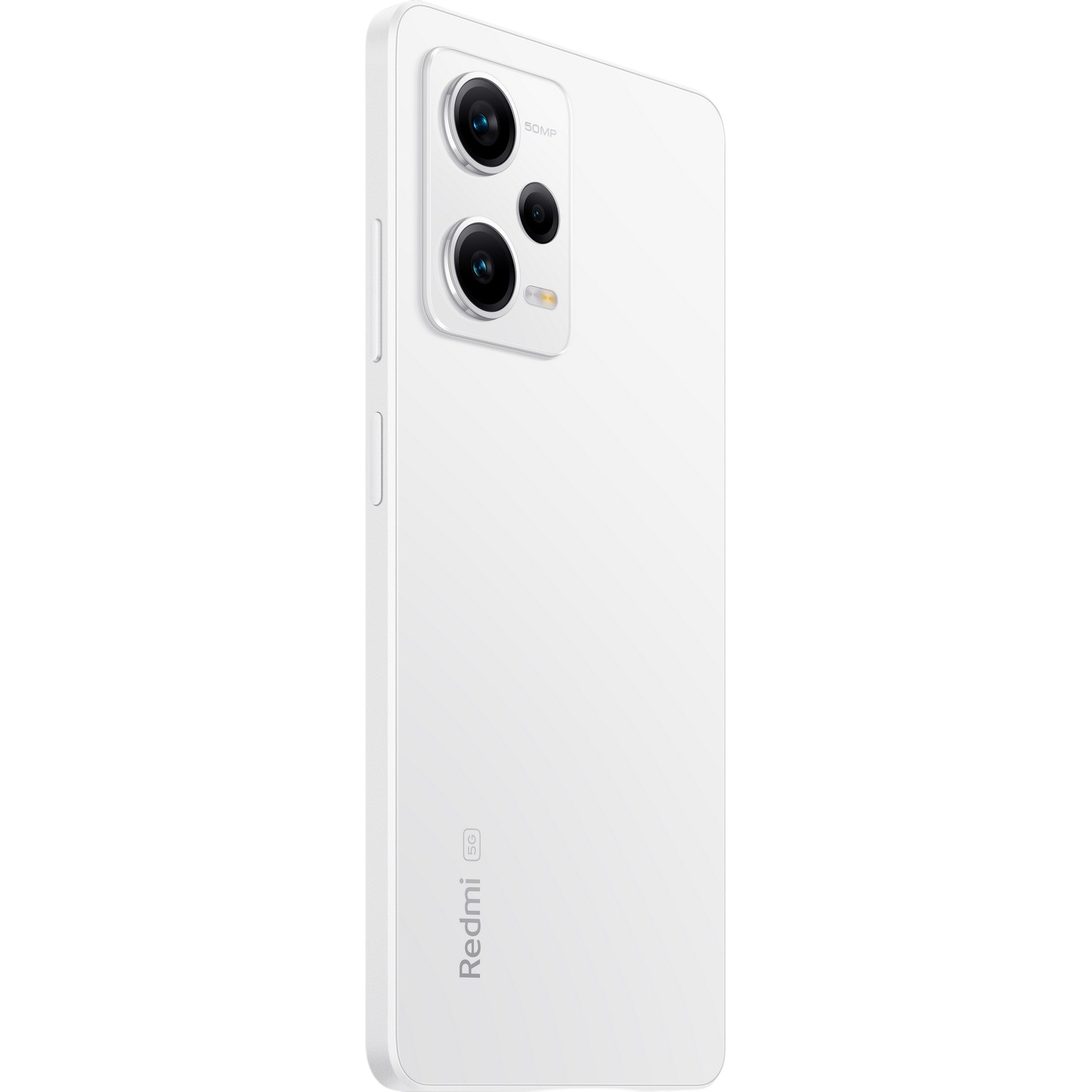 Biały smartfon widziany z tyłu, z aparatami i logo Redmi.