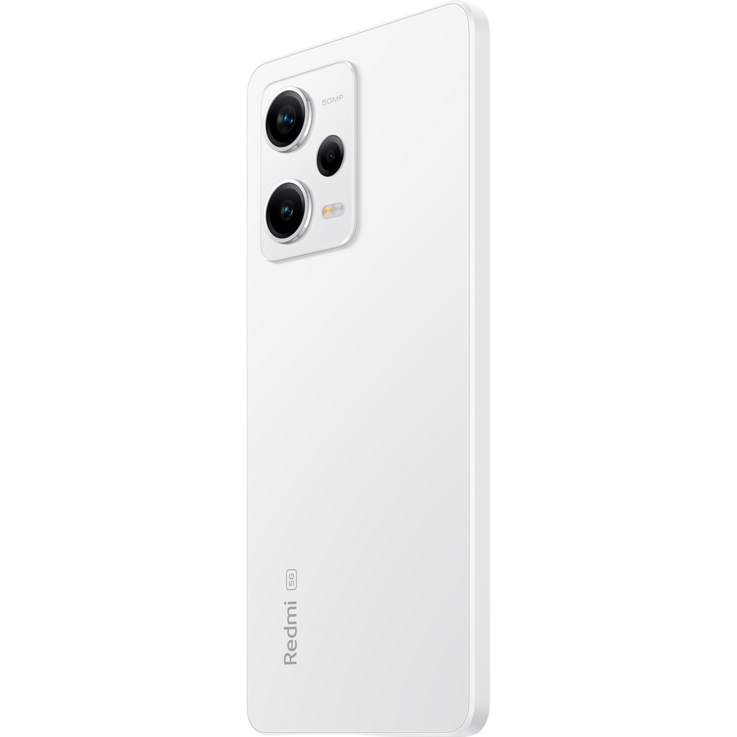 Biały telefon z trzema aparatami z tyłu. Telefon na czarnym tle.