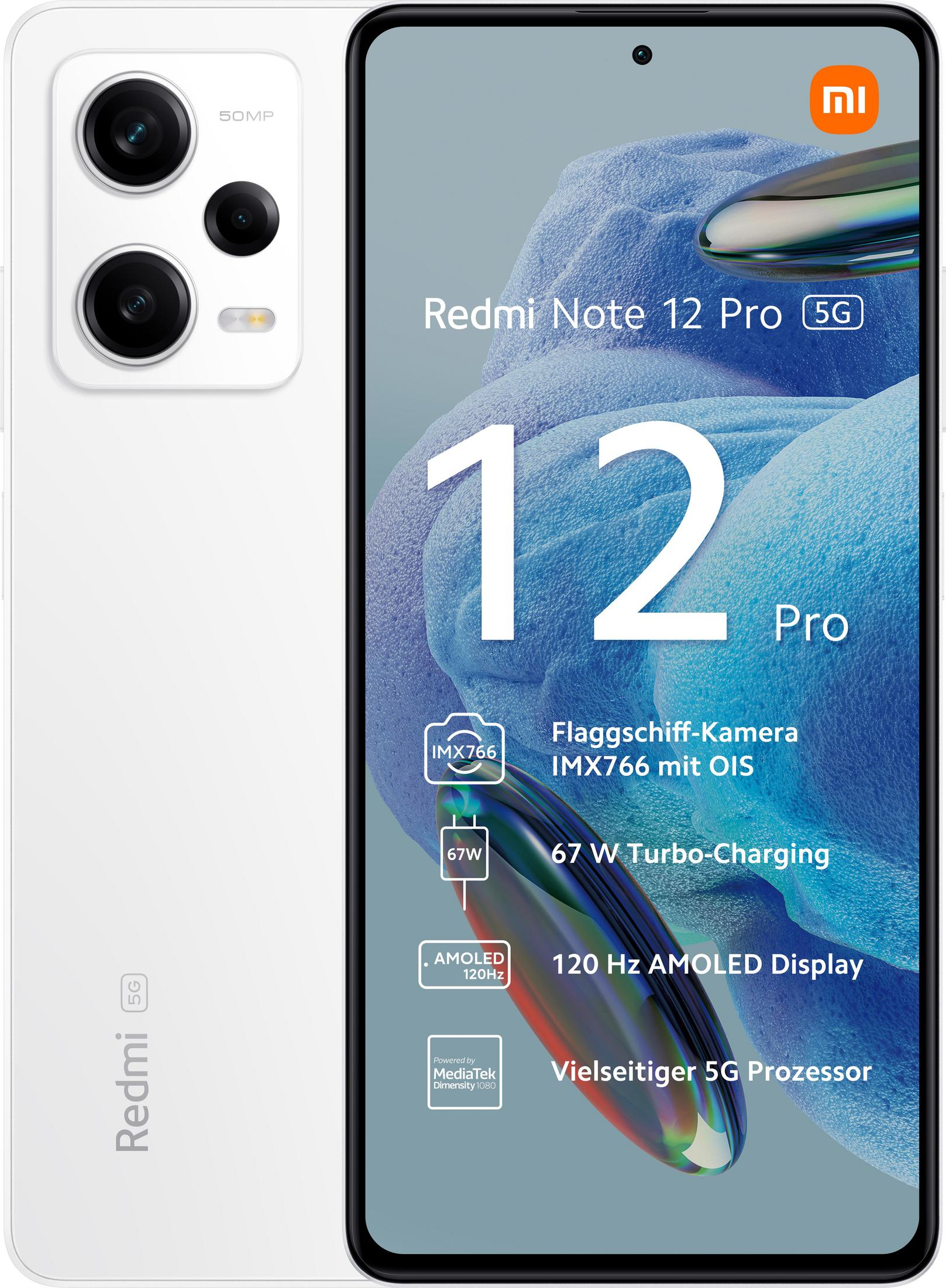 Biały telefon z ekranem pokazującym 'Redmi Note 12 Pro' z różnymi ikonami i szczegółami.