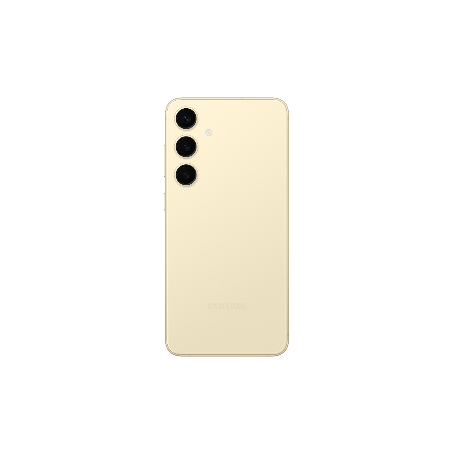 Tył złotego telefonu Samsung z trzema tylnymi aparatami. Jest na czarnym tle.