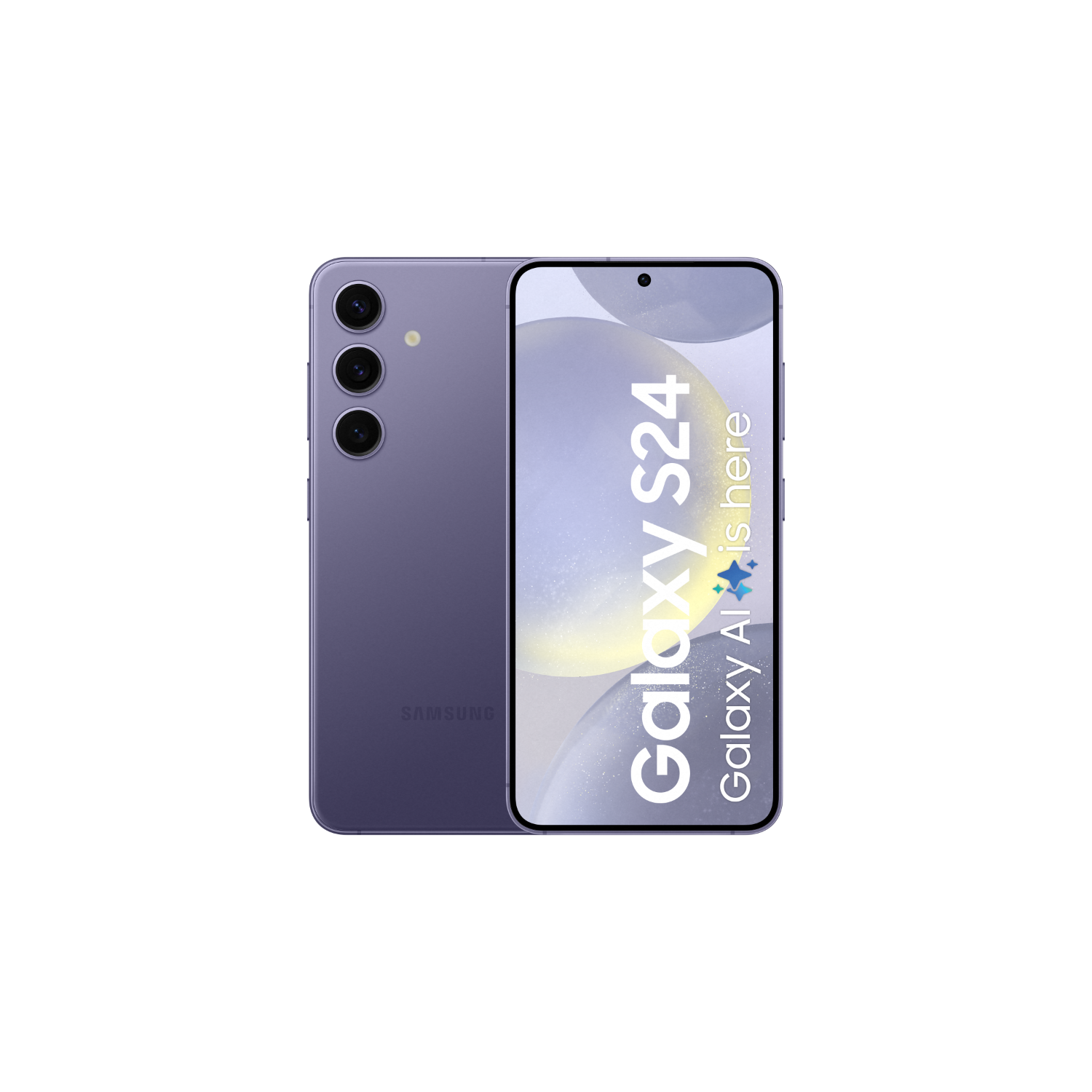 Fioletowy telefon Samsung Galaxy S24, widok z przodu. Wyświetlacz pokazuje: Galaxy S24 jest tutaj.