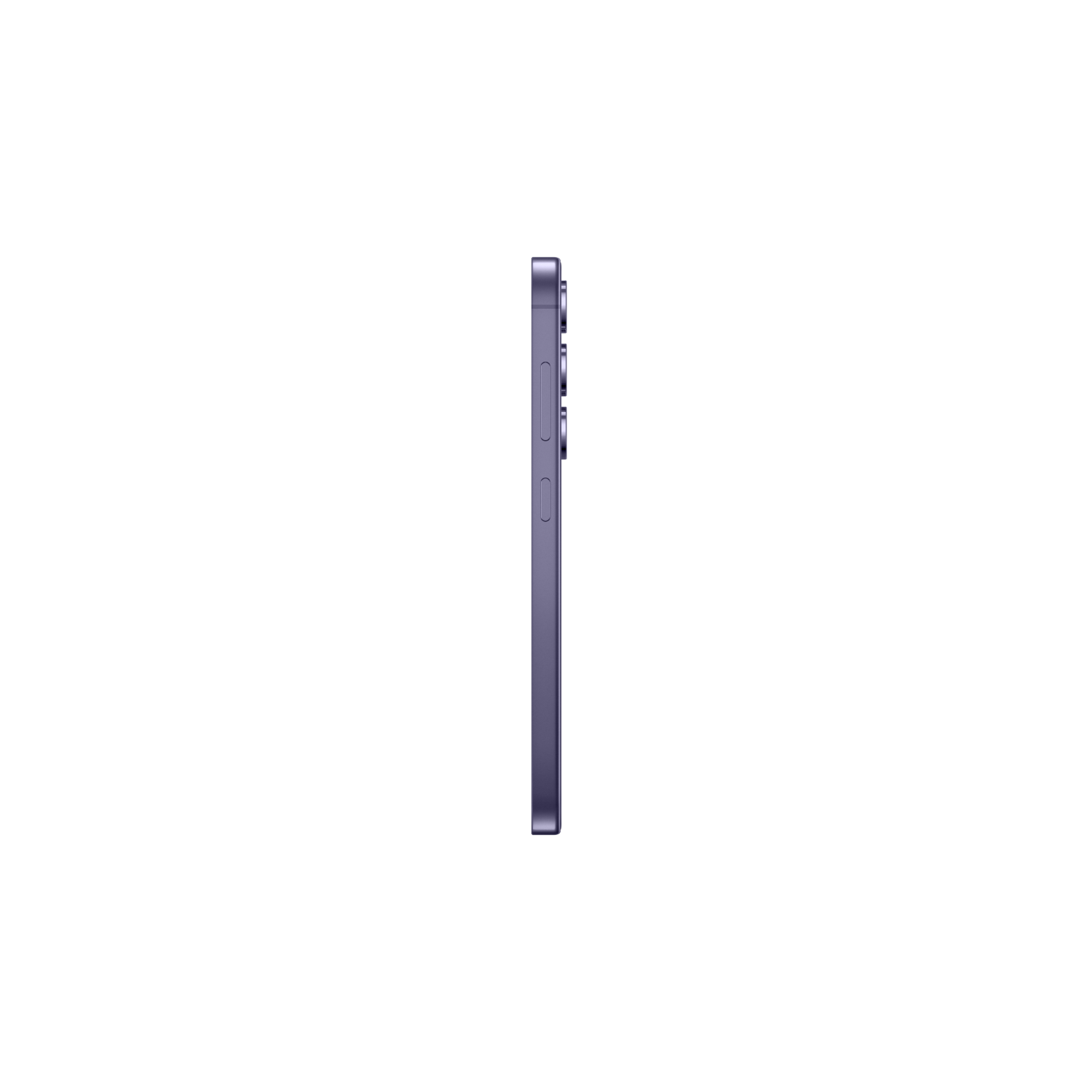 Widok z boku fioletowego telefonu, czarne tło. Widoczne przyciski i szczegóły aparatu.