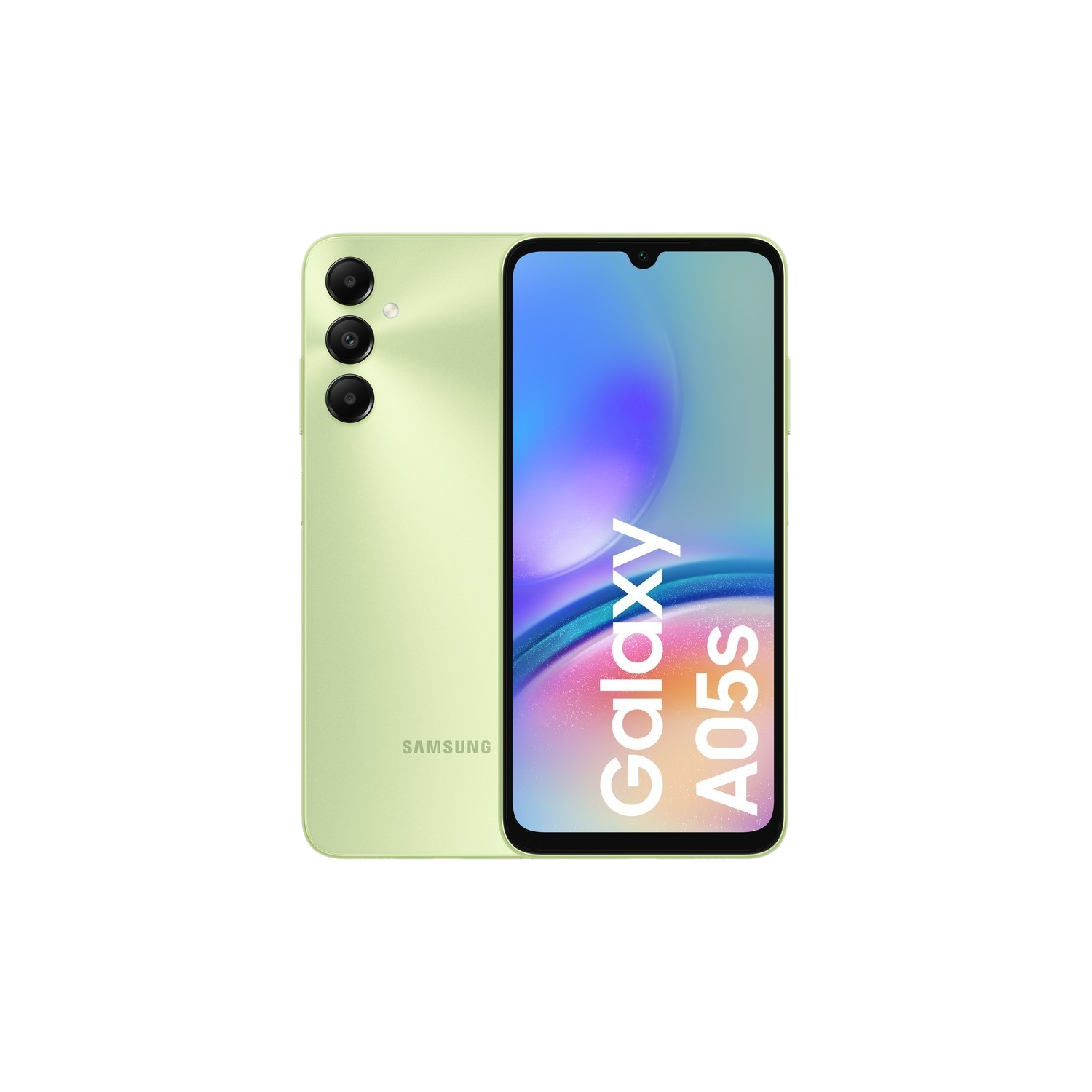 Zielony telefon Samsung Galaxy A05s, widok z przodu i z tyłu, czarne tło. Widoczne obiektywy aparatu.